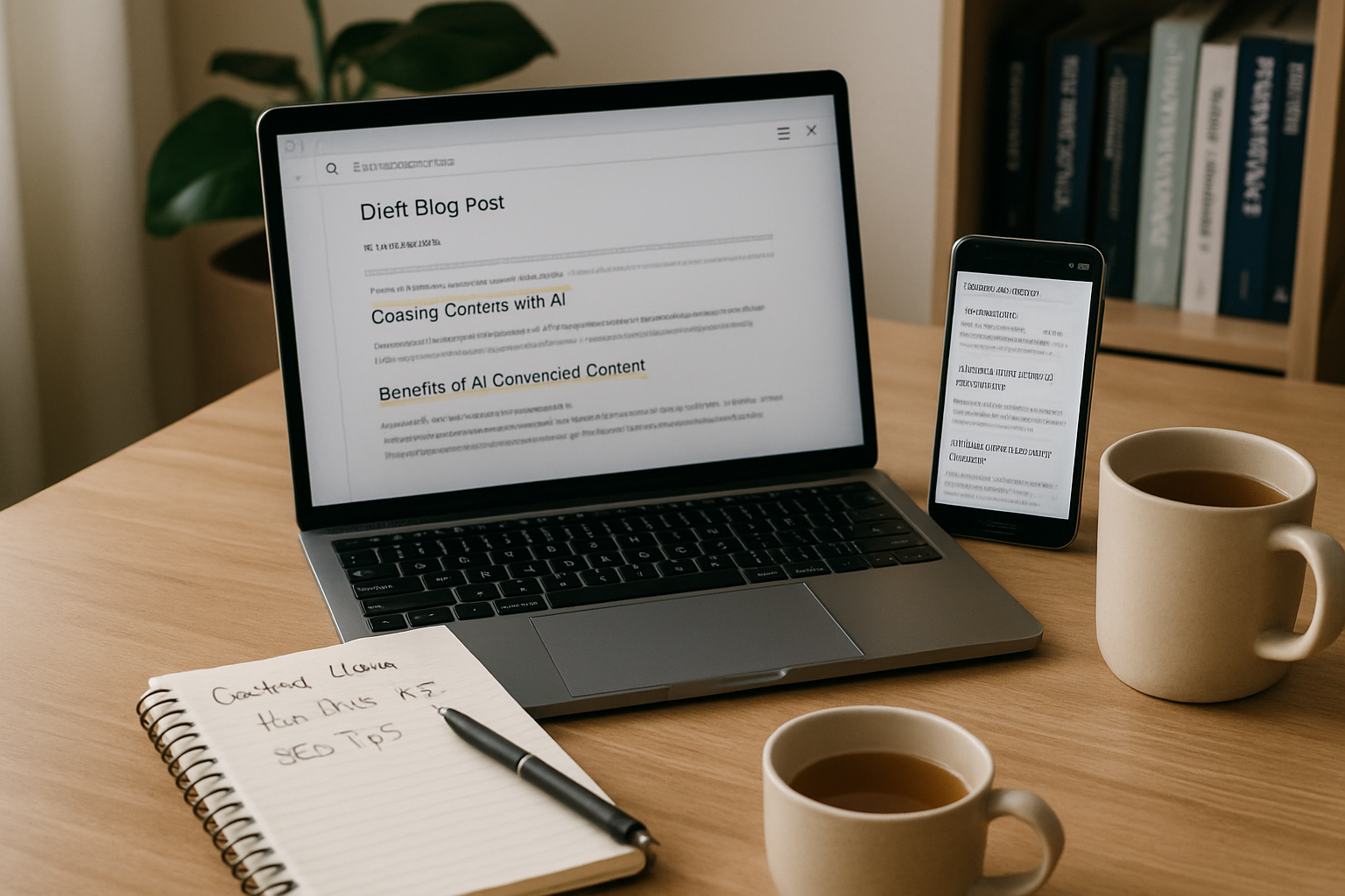 A crisp editorial photograph of a modern home office: a slim laptop displaying a draft blog post with visible headings and highlighted keywords, a notepad with handwritten prompts and a pen, a smartphone with a CMS preview, and a ceramic mug of tea. Soft natural light from a nearby window casts gentle shadows across the wooden desk; in the background, a potted plant and a bookshelf with marketing and technology titles convey a professional yet lived-in workspace. The scene communicates the collaboration between human creativity and AI tools in contemporary content production.