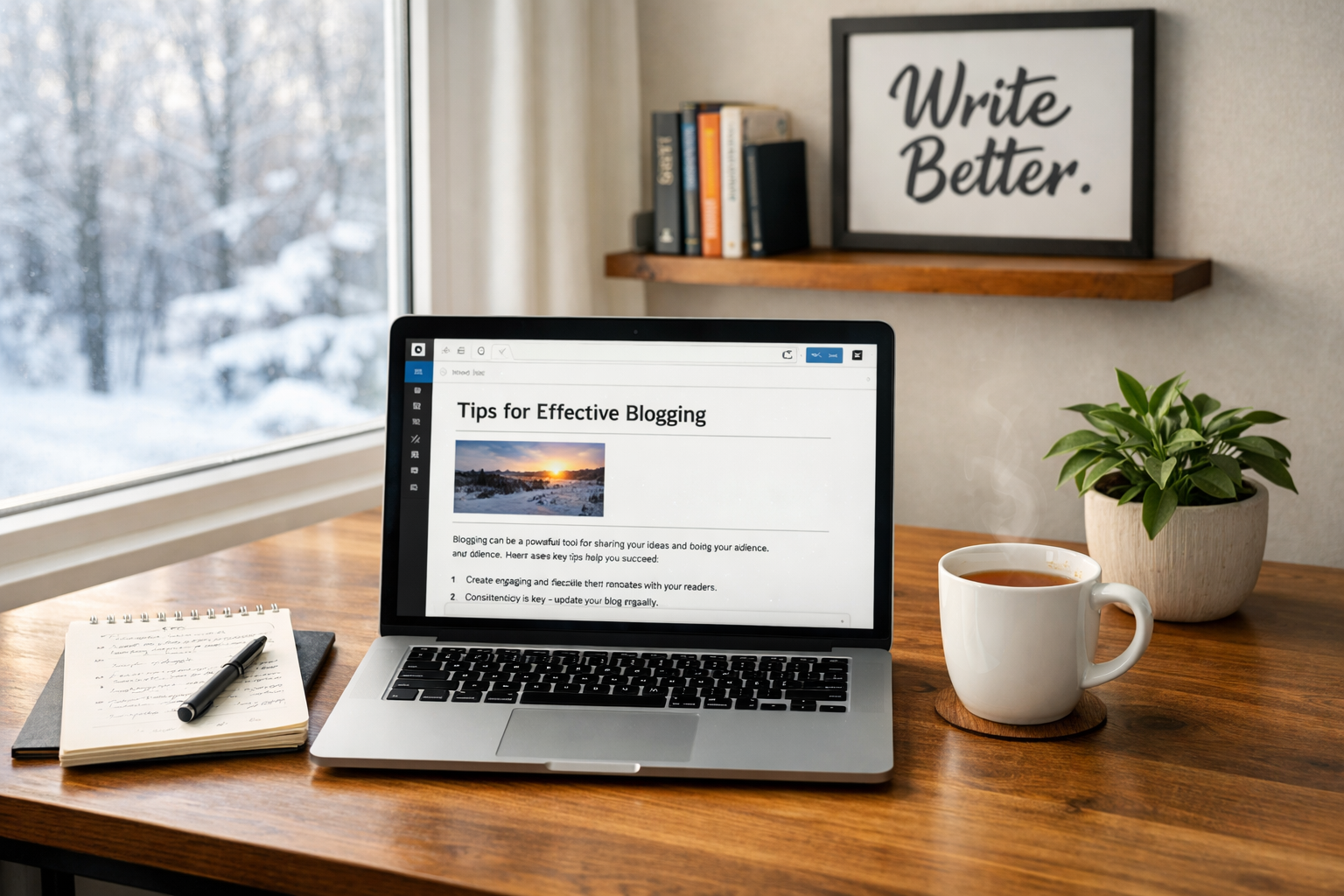 A crisp, high‑resolution photograph of a modern home office: a wooden desk beside a bright window with winter light spilling in. On the desk sits a sleek laptop displaying a WordPress editor with a partially completed blog post; the screen shows a headline, paragraph blocks and a simple featured image thumbnail. Nearby are a notepad with handwritten notes, a cup of tea with a thin wisp of steam, and a small potted plant. In the background, a wall shelf holds a few reference books and a framed print that reads “Write Better”. The overall mood is productive and calm, suggesting the blend of human creativity and automated assistance in contemporary content workflows.