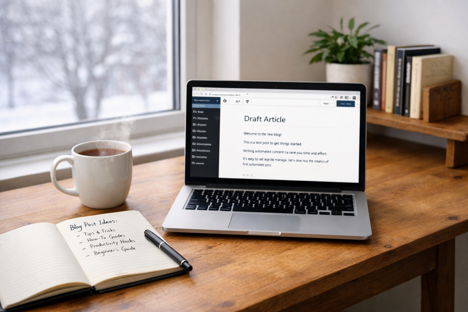 A crisp, well-lit photograph of a minimalist home workspace: a wooden desk beside a large window with soft winter light, a laptop displaying a draft article in a WordPress editor, a notebook with hand-written prompts and a pen, and a steaming mug of tea. In the background, a small shelf holds reference books and a potted plant. The scene conveys calm productivity, the interplay of human creativity with digital tools, and the approachable nature of starting an automated blog.