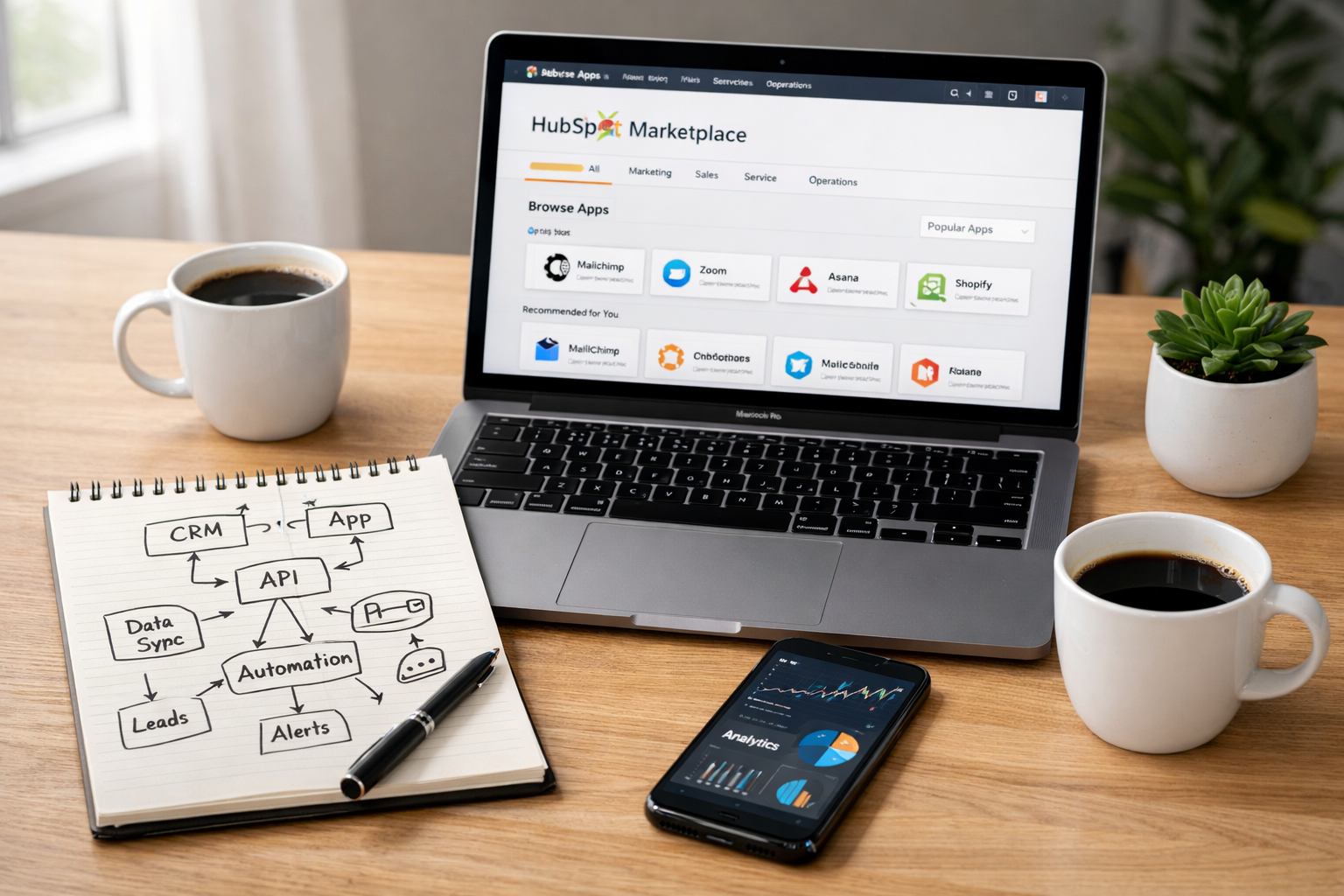 A crisp, professional photograph of a modern workspace: a laptop displaying the HubSpot Marketplace interface next to a notepad with a hand-drawn flowchart for an integration. On the desk sits a smartphone showing analytics graphs, a cup of coffee, and a small plant. The scene is lit by soft natural light from a nearby window, emphasising clarity and focus—an atmosphere of product-led marketing and methodical iteration.