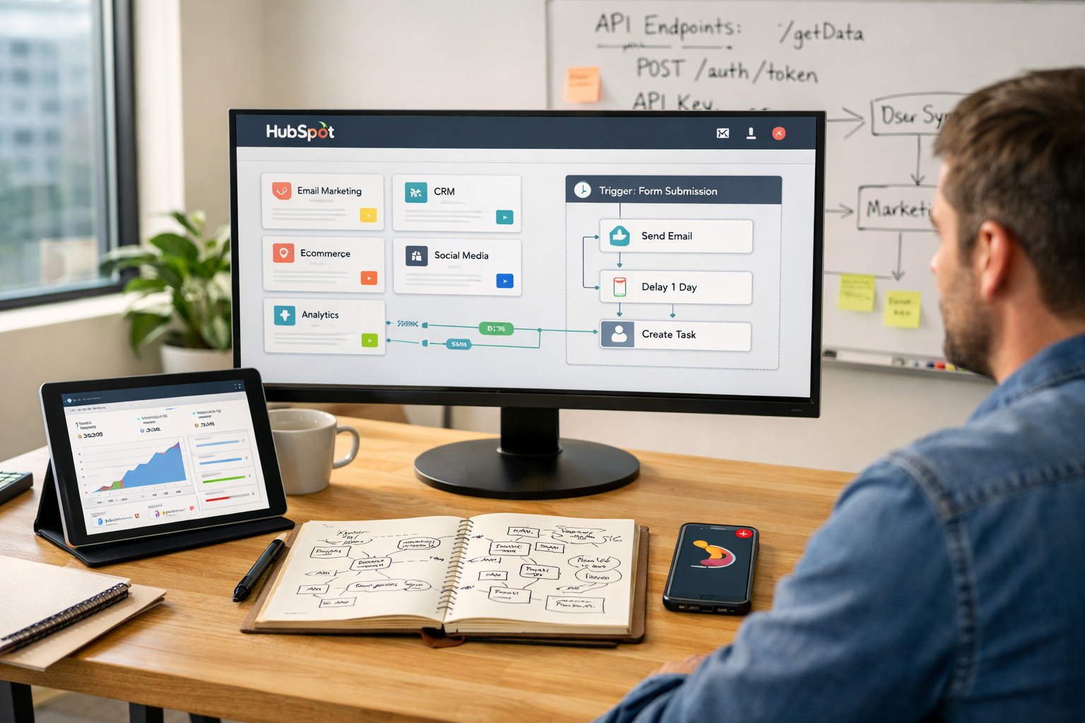 A bright, modern office scene showing a product manager at a large monitor displaying the HubSpot dashboard with app cards and workflow diagrams. On the desk are a tablet showing analytics charts, a notebook with hand-drawn integration flows, and a smartphone with a notification badge from a HubSpot app. Natural light from a window highlights a whiteboard in the background annotated with API endpoints and authentication notes, conveying collaboration between developers and marketing teams.