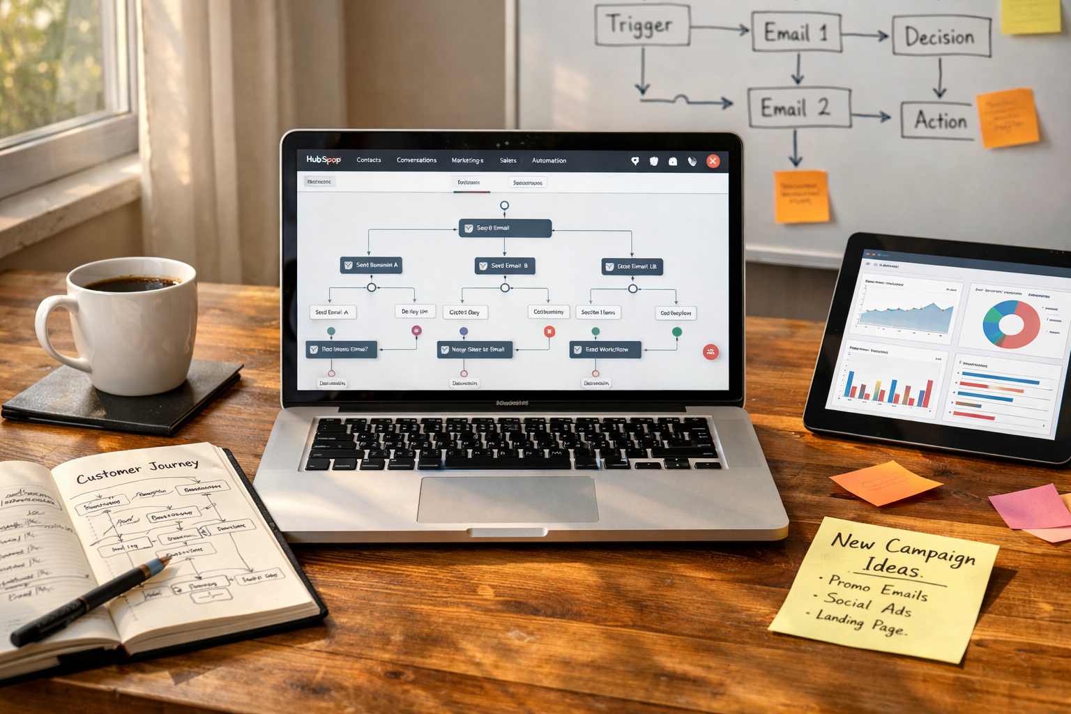 A high-resolution photograph of a modern marketing operations desk: a sleek laptop displaying the HubSpot workflow editor with branching automations on screen, surrounded by a notebook with handwritten customer journey maps, a coffee cup, and a tablet showing analytics dashboards. Soft natural light streams from a nearby window, casting warm highlights on the wooden desk and emphasising sticky notes with campaign ideas. In the background, a whiteboard bears a flowchart of trigger events and email sequences, suggesting collaborative planning and a data-driven, creative approach to automation.