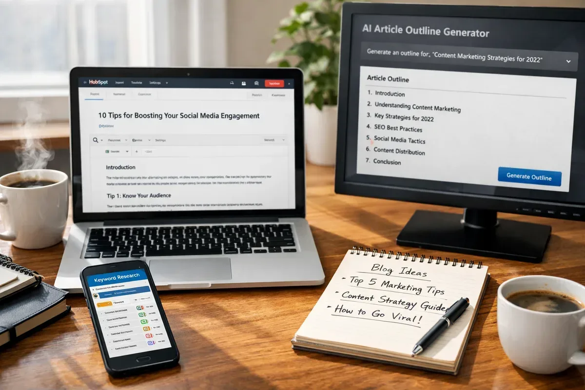 A bright, modern photograph of a content marketing workspace: a wooden desk with an open laptop displaying the HubSpot blog editor, a smartphone showing keyword research results, and a notepad with scribbled headlines. Natural light pours in from a nearby window, casting soft shadows. A coffee cup steams beside a small potted plant, while a second screen shows an AI interface generating article outlines. The scene conveys productive collaboration between human editors and AI tools in a professional, creative setting.