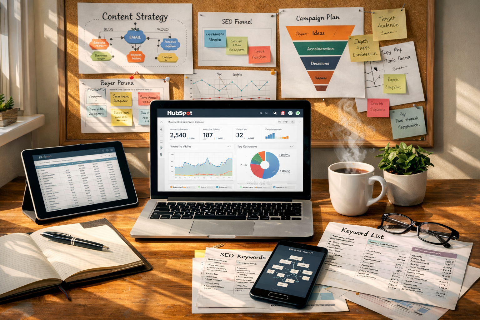 A vivid photograph of a modern marketing team's workspace: a light-filled office with a large wooden desk, an open laptop displaying HubSpot's analytics dashboard, annotated content maps pinned on a corkboard behind it, and a spreadsheet on a tablet beside a notepad. A coffee cup steams beside a small potted plant. Sunlight casts warm patterns across printed keyword lists and a smartphone showing a sitemap export, illustrating the intersection of strategy, data and creative content production.