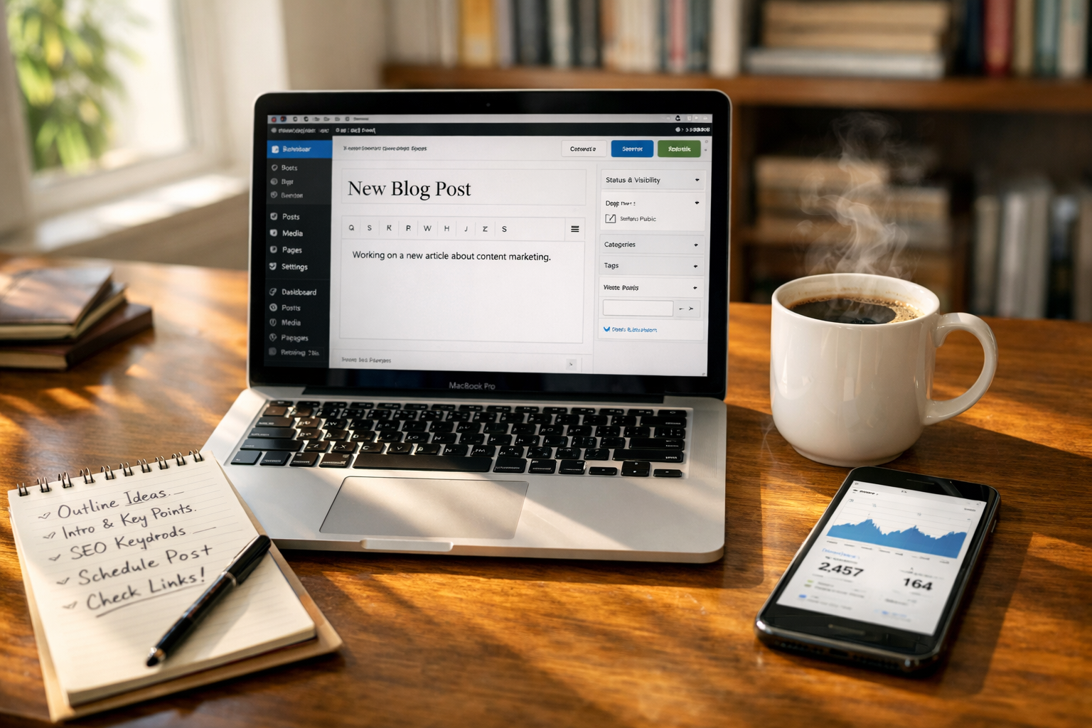A high-resolution photograph of a modern home office: a sleek laptop displaying a WordPress dashboard with a draft post open, surrounded by a notepad with hand-written editorial notes, a cup of coffee steaming beside a smartphone showing analytics graphs, and a soft-focus background bookshelf. Natural daylight pours in from a nearby window, casting warm highlights on the keyboard and emphasising the combination of human planning and digital workflow that underpins automated content creation.