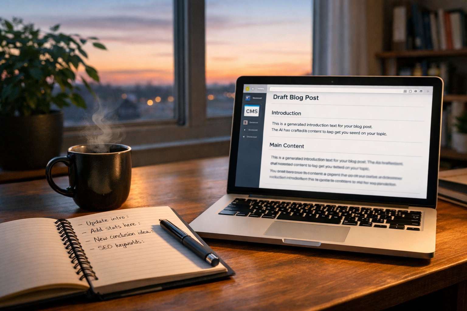 A crisp, high-resolution photograph of a modern workspace: a wooden desk by a large window at dawn, soft natural light illuminating a laptop screen displaying a draft blog post. Beside the laptop lies a notebook with handwritten editorial notes, a smart pen and a steaming mug of coffee sending up a faint wisp of steam. In the background, a plant and a bookshelf hint at a creative, professional environment. The scene conveys collaboration between human creativity and AI assistance, with the laptop screen subtly showing lines of generated text and an icon suggesting CMS integration.