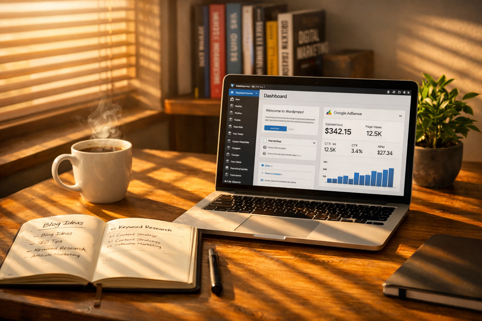 A high-resolution photograph of a minimalist home office at golden hour: a wooden desk with a modern laptop displaying a Wordpress dashboard and AdSense analytics on the screen, an open notebook with handwritten headlines and keywords, a cup of coffee releasing steam, and a soft-focus background shelf with SEO and marketing books. Sunlight streams through blinds, casting striped shadows across the desk, while a small plant adds a touch of green. The composition evokes productivity, streamlined digital workflows and the blend of technology and human creativity involved in monetising content.