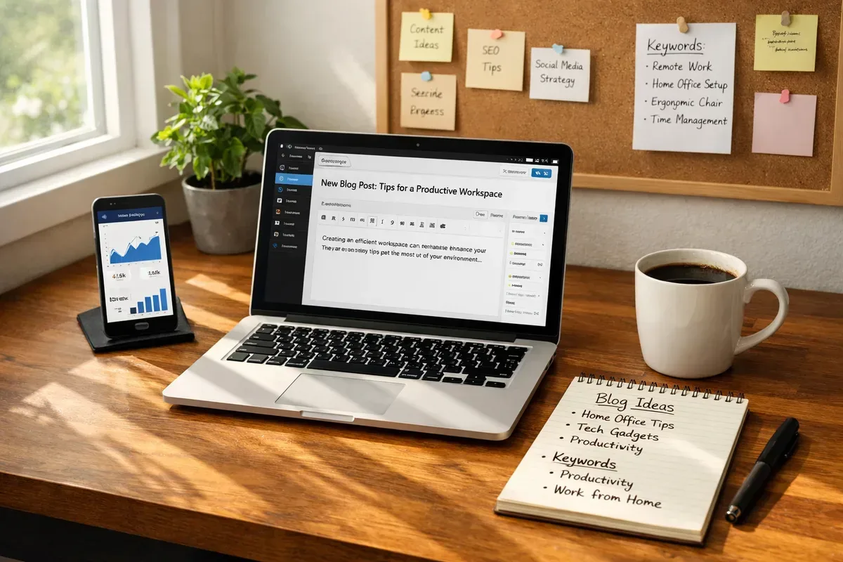A crisp, high‑resolution photo of a modern home office: a wooden desk with a laptop open to the WordPress editor showing a draft blog post, a smartphone displaying analytics graphs, a notepad with handwritten headings and a coffee cup to one side. Natural daylight streams through a nearby window, casting soft shadows across the keyboard. In the background, a pinboard displays topic ideas and keyword lists, while a small plant adds a touch of green — the scene conveys productivity, digital creativity and the blend of human planning with automated tools.