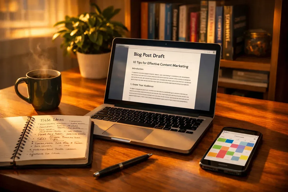 A vivid photograph of a modern home office at golden hour: a sleek laptop displays a draft article on the screen while a soft warm light casts long shadows across a wooden desk. Beside the laptop sits a notebook filled with scribbled headings and a steaming mug of tea; a smartphone shows a content calendar app. In the background, a bookshelf with marketing and technology titles blurs subtly, and a potted plant adds a touch of green. The composition conveys calm productivity, blending human creativity with digital tools to produce polished blog content.