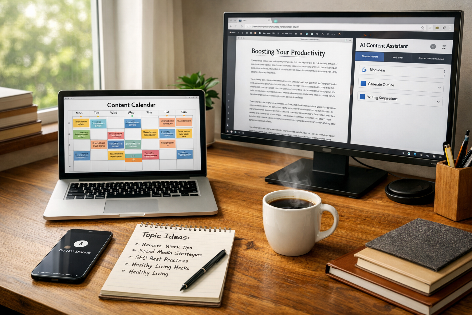 A high-resolution photograph of a modern workspace: a tidy wooden desk beside a large window with soft morning light. On the desk sit a laptop displaying a content calendar, a smartphone with notifications muted, a notepad filled with topic ideas and a steaming cup of coffee. Nearby, a second screen shows an article draft in an editor and a browser tab open to an AI content tool. The scene conveys calm productivity, efficient workflow and the blend of human creativity with digital assistance.