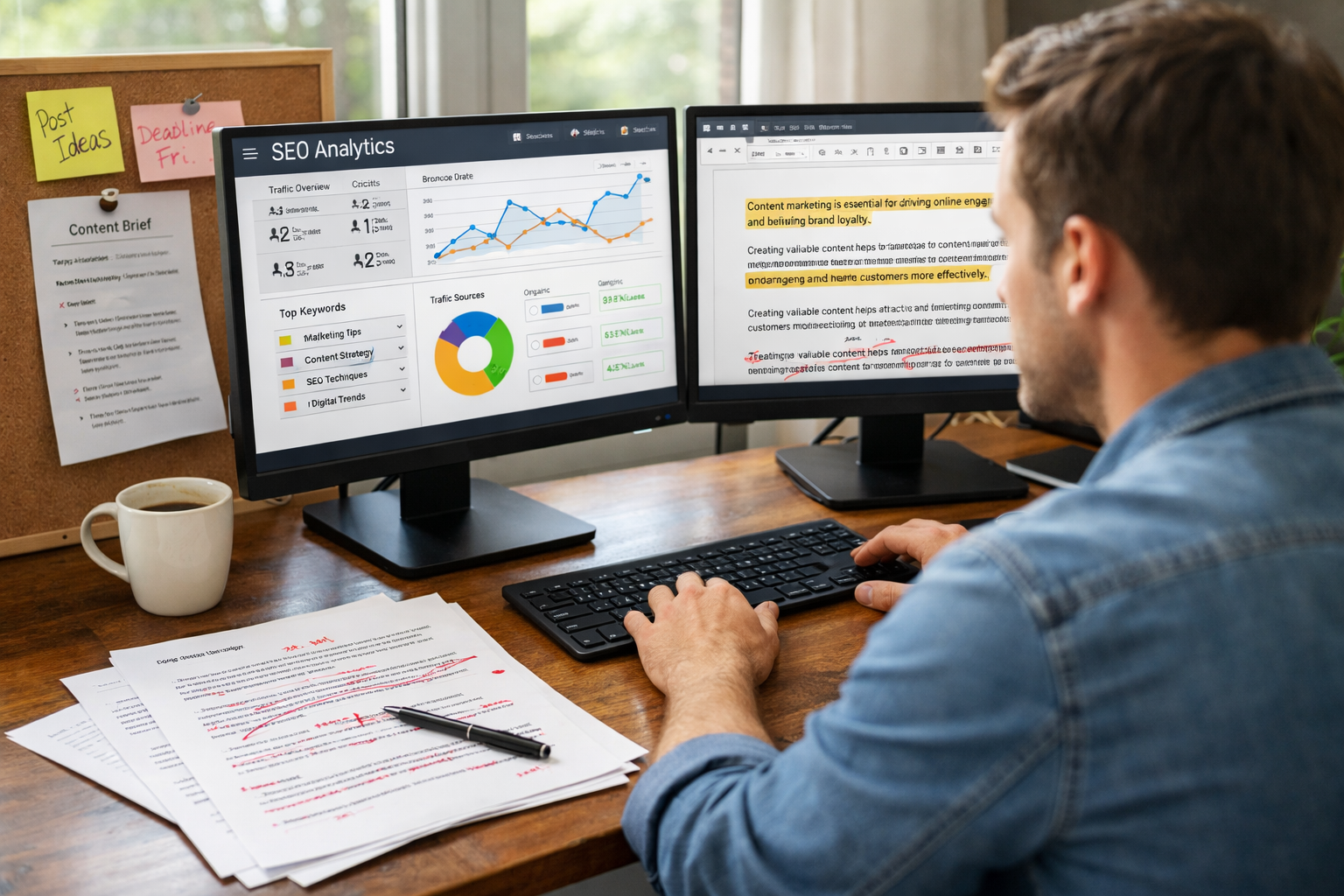 A high-resolution photograph of a modern workspace showing a content marketer at a desk with dual monitors. One screen displays an SEO analytics dashboard with charts and keyword rankings; the other shows a draft article editor with AI-generated paragraphs highlighted. Natural light streams through a large window, and there are notes and a printed content brief pinned beside a coffee cup. The scene conveys a blend of technology and human editorial oversight: screens, keyboard, printed edit marks and a pen resting on the draft, emphasising collaboration between AI tools and human reviewers.