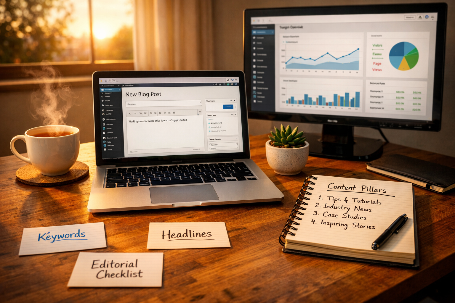 A high-resolution photograph of a modern home office at golden hour: a sleek laptop displaying a WordPress draft on its screen, a second monitor showing analytics graphs, and a notebook with handwritten content pillars. A cup of tea steams beside a small potted succulent. Natural light streams through a nearby window, casting soft shadows across a wooden desk scattered with index cards labelled 'Keywords', 'Headlines' and 'Editorial Checklist', evoking the intersection of human planning and automated tools.