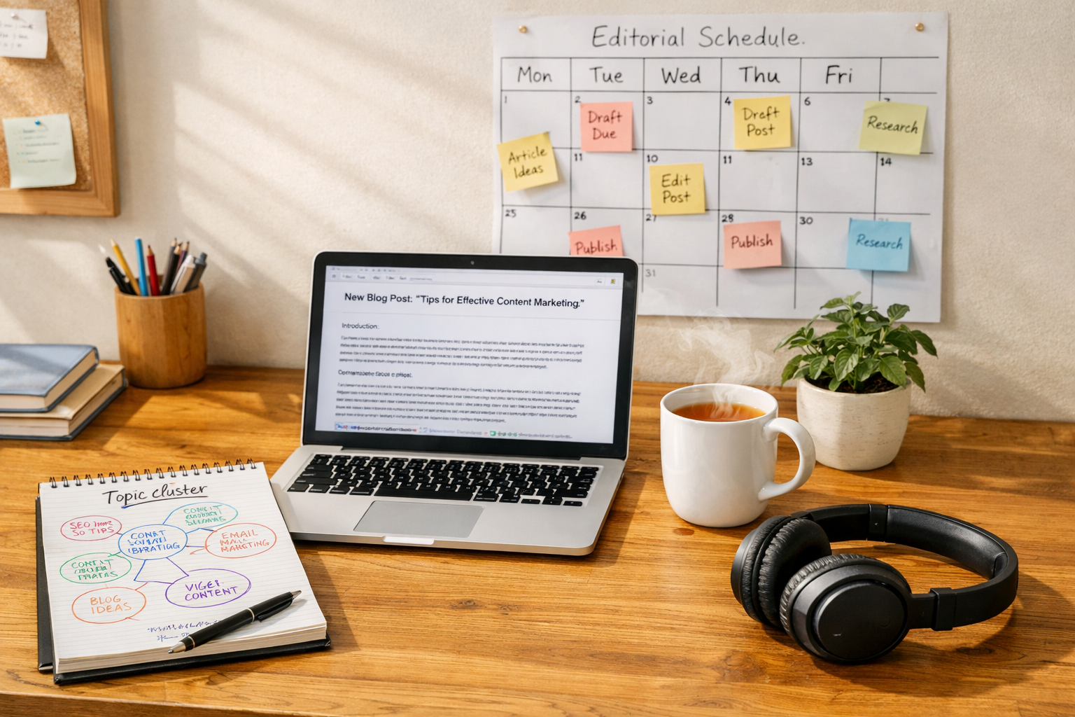A bright, candid photograph of a modern home office at mid-morning light: a wooden desk with a sleek laptop open to a draft blog post, a notepad full of topic clusters and a calendar pinned to the wall showing an editorial schedule. A mug of tea steams gently beside a small plant, and a pair of headphones sit ready for interviews. The scene conveys organised creativity, productive routine and the human process behind scaled content production.