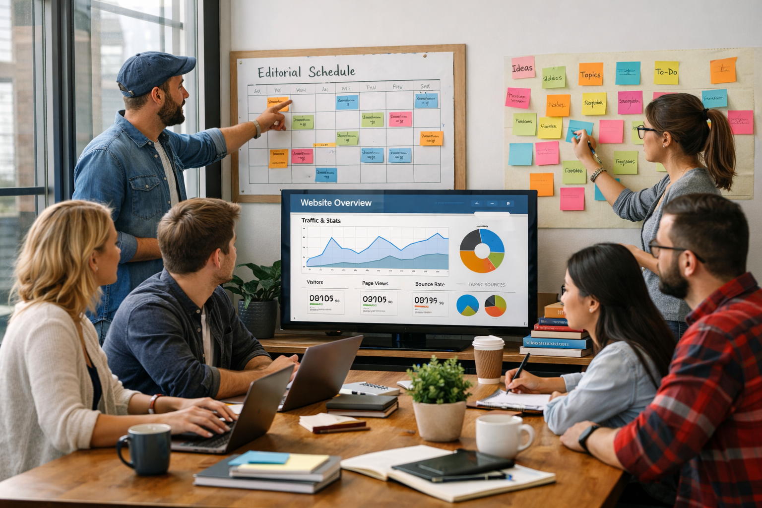 A vivid photograph of a modern content team gathered around a large wooden table in a bright office. Natural light streams through tall windows, illuminating laptops, notebooks and a central screen displaying a website dashboard with traffic graphs. One team member points to a calendar pinned on the wall showing an editorial schedule; another scribbles ideas on a colourful sticky-note matrix. The atmosphere is collaborative and focused, with coffee cups, a potted plant and a stack of reference books adding warmth. The image conveys organisation, creativity and the ongoing effort required to keep digital content current and engaging.