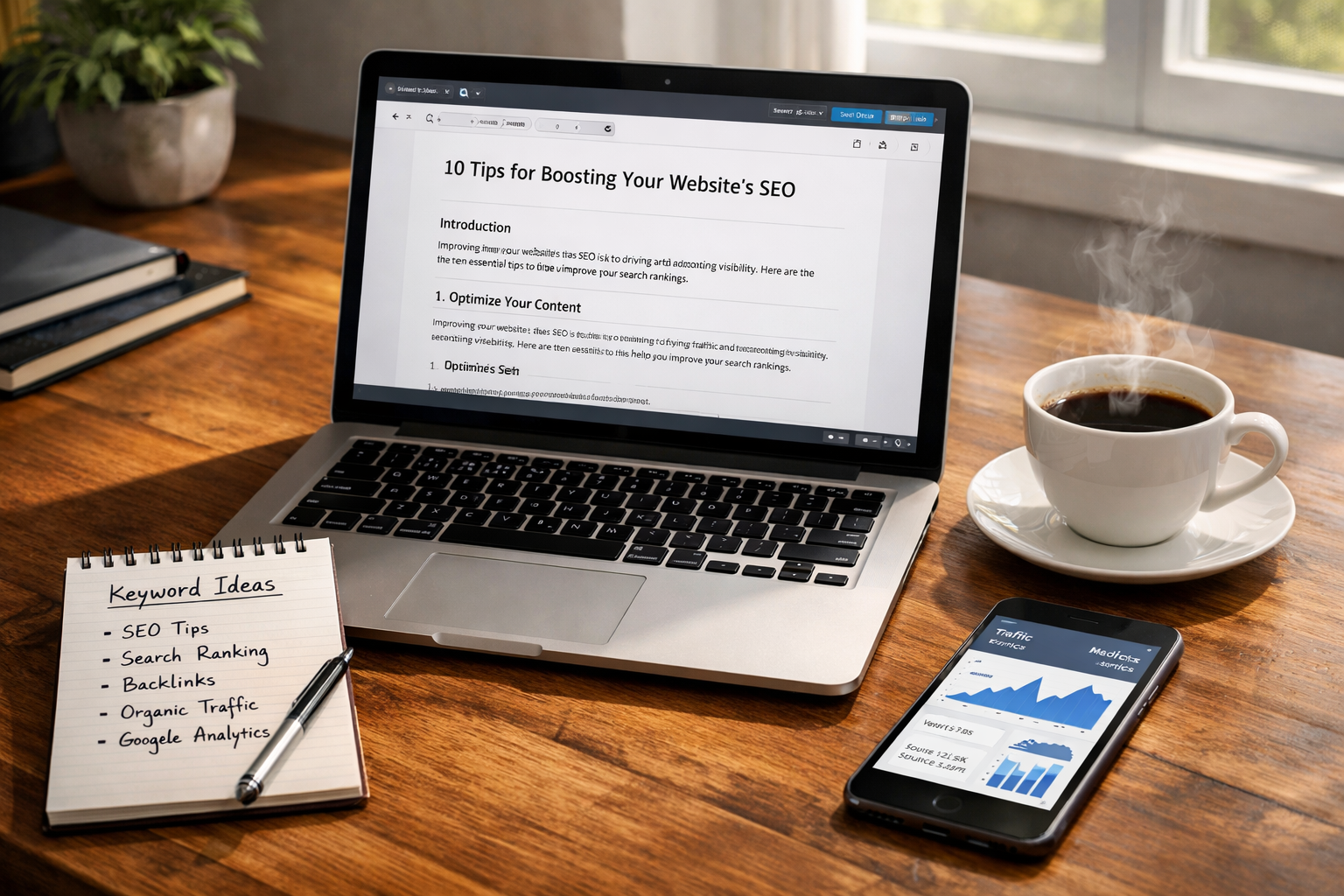 A crisp, professional photograph of a modern workspace: a sleek laptop on a wooden desk displaying a blog editor with an open article draft, a notepad with keyword ideas written in neat handwriting, a cup of coffee steaming beside a smartphone showing analytics charts, and soft daylight through a nearby window casting gentle shadows — conveying focused content creation, data-driven strategy and the intersection of creativity and SEO.