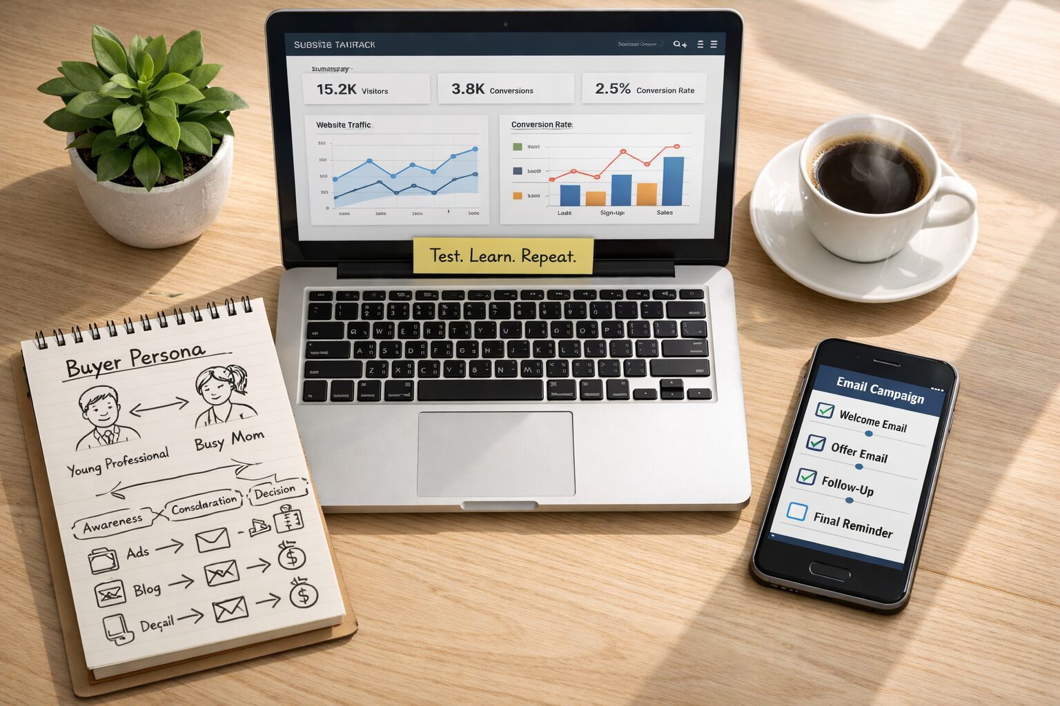 A crisp, high-resolution photograph of a modern workspace viewed from above: a laptop displaying a website analytics dashboard with traffic and conversion graphs, a notepad with buyer persona sketches and user journey arrows, a cup of coffee steaming beside a smartphone showing an email marketing sequence, and a small potted plant at the edge of the desk. Light from a nearby window casts soft shadows, while a sticky note on the laptop bezel reads 'Test. Learn. Repeat.' — illustrating the blend of data-driven analysis and creative content required to turn visitors into customers.