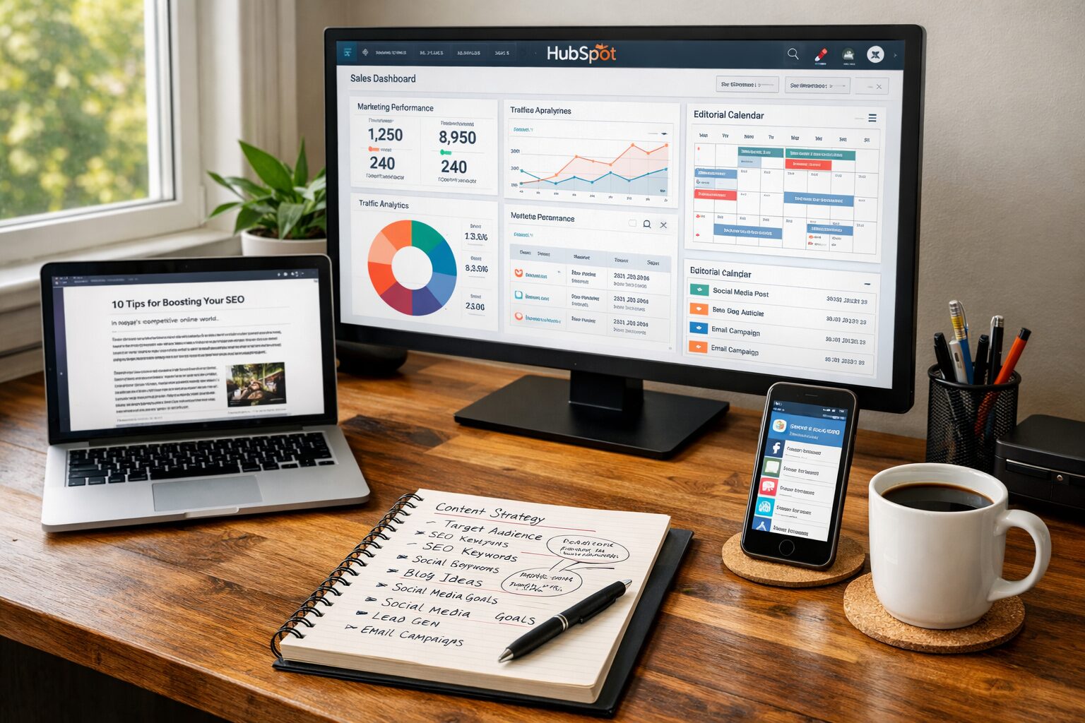 A crisp, professional photograph of a modern marketing workspace: a wooden desk with a large monitor displaying the HubSpot dashboard, colourful analytics charts and an editorial calendar. Nearby, a laptop shows a draft blog post, a smartphone with social scheduling apps open, and a notepad filled with strategic notes and keywords. Soft daylight streams through a nearby window, and a cup of coffee sits on a coaster, conveying a productive yet relaxed atmosphere.