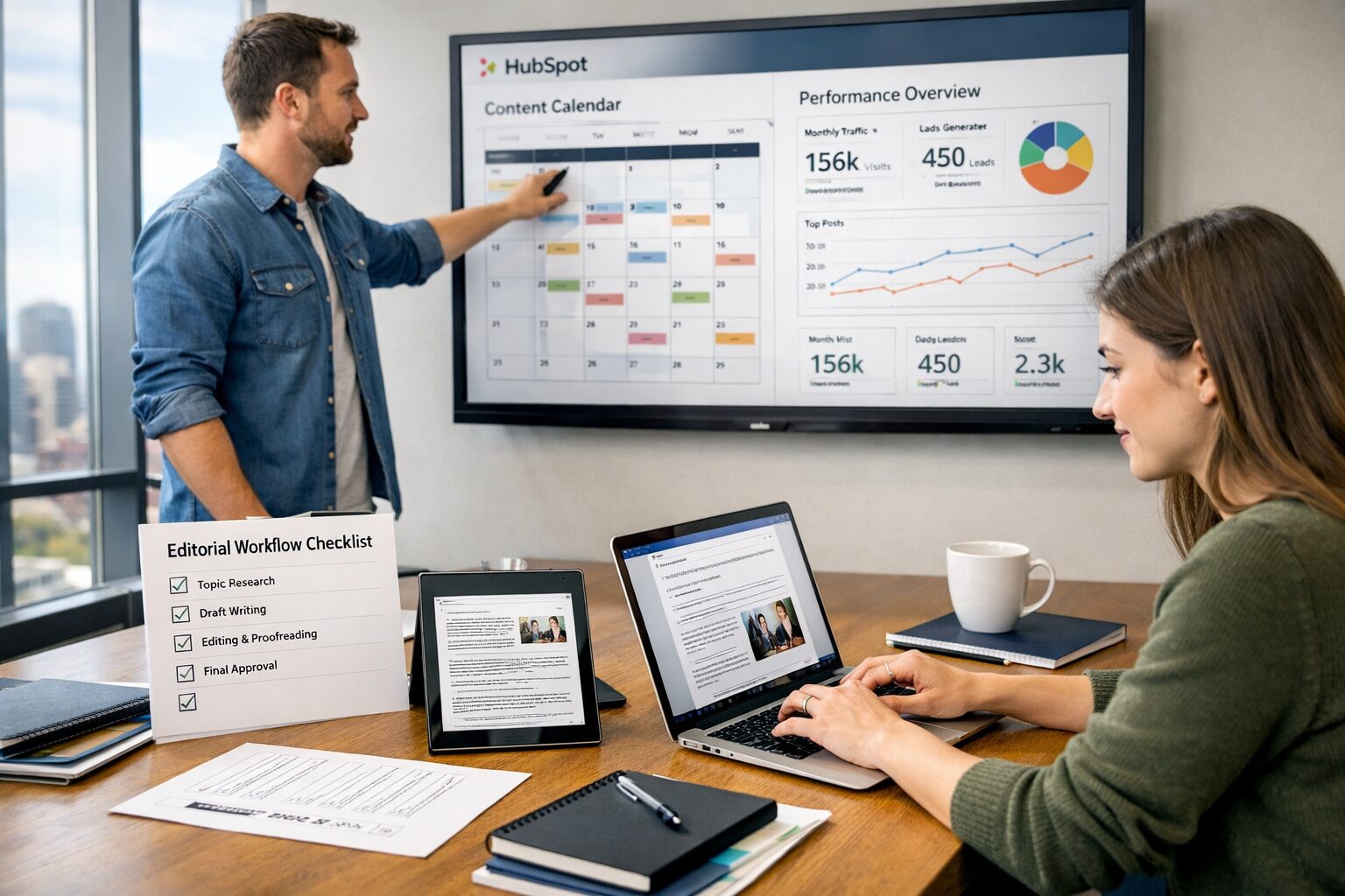A crisp, high-resolution photograph of a modern marketing team in a bright office: a content strategist pointing at a large wall-mounted screen showing a HubSpot content calendar and analytics dashboard, while a writer types on a laptop surrounded by notebooks and a coffee cup. On the desk, a printed editorial workflow checklist and a tablet displaying a draft article demonstrate collaborative review. Natural light streams through floor-to-ceiling windows, emphasising energetic teamwork and digital tools, with blurred cityscape visible beyond.