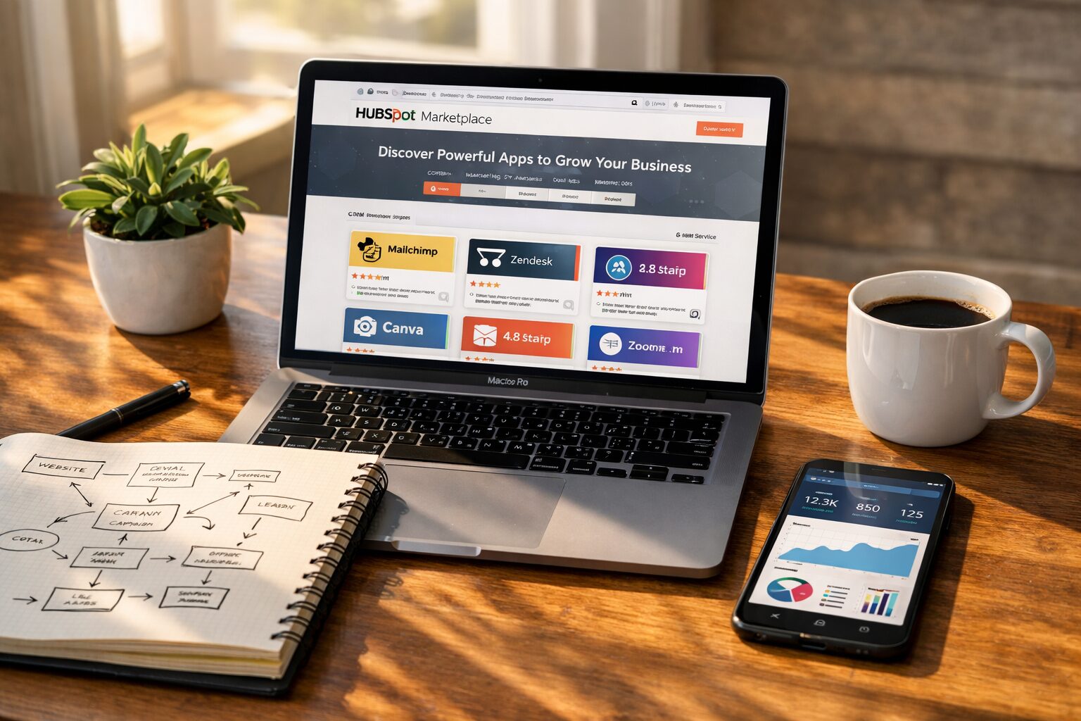A high-resolution photograph of a modern office workspace showing a laptop open to the HubSpot Marketplace page, surrounded by a notebook with hand-drawn flowcharts, a smartphone displaying analytics dashboards, and a coffee cup. Sunlight streams through a nearby window, casting soft shadows across the wooden desk; a small potted plant adds a splash of green. The screen shows app thumbnails and review stars, emphasising choice and practicality in a professional marketing environment.