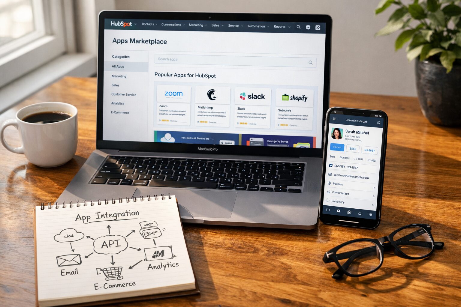A crisp, high-resolution photograph of a modern workspace: a laptop displaying the HubSpot dashboard with an open Apps Marketplace page, a smartphone showing a connected CRM contact record, and a notepad with hand-drawn integration diagrams. Natural light from a nearby window casts soft shadows across the wooden desk, while a cup of coffee and a pair of glasses sit beside the devices, suggesting focused, collaborative work on app configuration and onboarding.