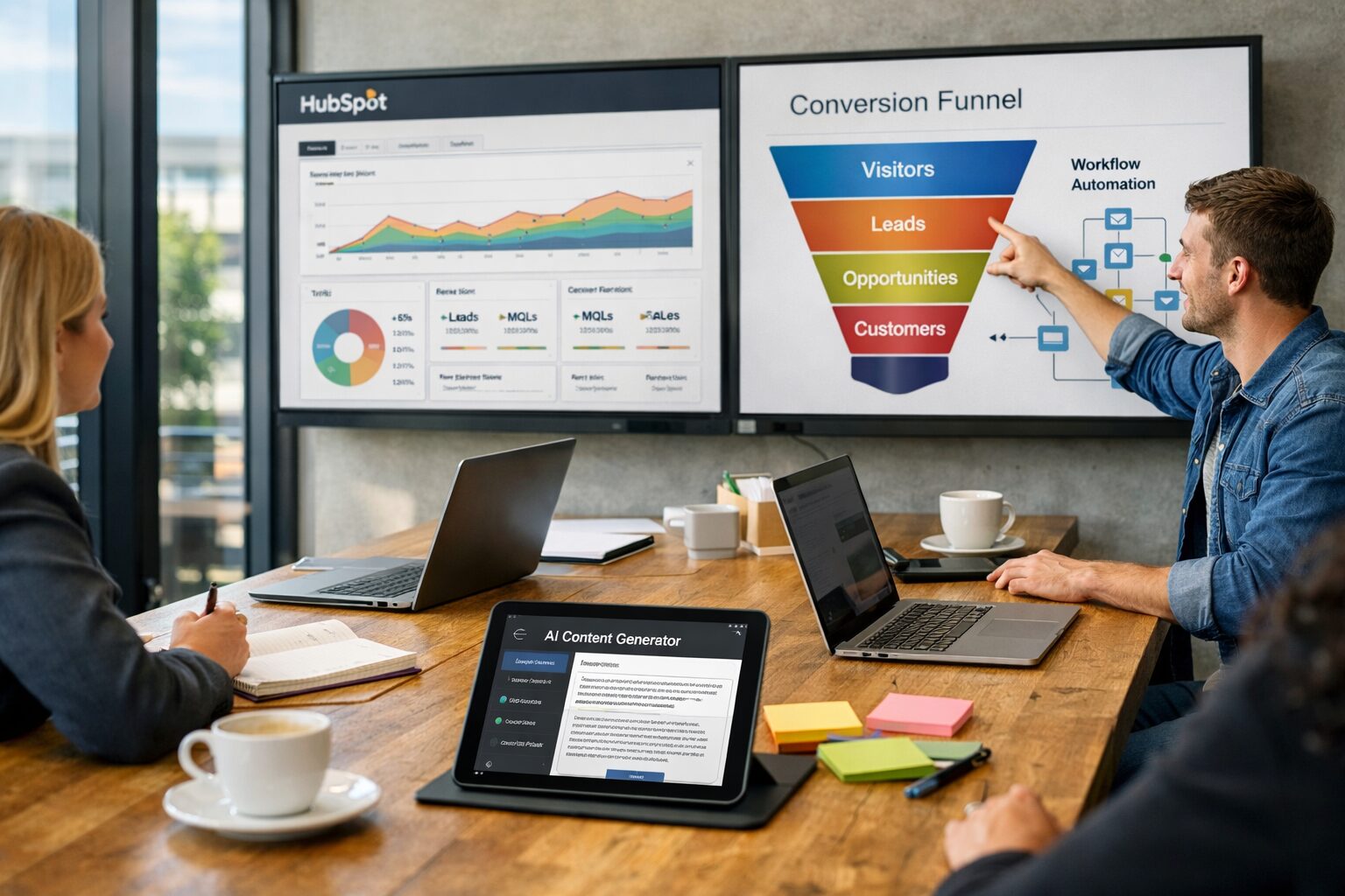 A high-resolution photograph of a modern marketing team workspace: a long wooden table strewn with laptops and notebooks, two large screens on the wall displaying HubSpot dashboards with colourful graphs and workflow diagrams, and a team member pointing at a conversion funnel on-screen. Natural light pours through floor-to-ceiling windows; sticky notes and a coffee cup sit beside a tablet showing an AI content-generation tool. The scene conveys collaboration, technology and the fusion of automation with creative strategy.