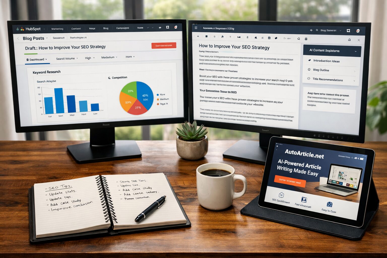 A high-resolution photograph of a modern content hub workspace: a wooden desk with two monitors displaying the HubSpot blogging dashboard and a draft article editor, one screen showing keyword research graphs and the other an AI-assisted content suggestion pane. A notebook with handwritten editorial notes, a fountain pen, and a coffee cup sit beside a sleek tablet displaying the autoarticle.net homepage. Large windows in the background let in soft daylight, and a potted succulent adds a touch of green, conveying a blend of technology, creativity and a professional editorial environment.