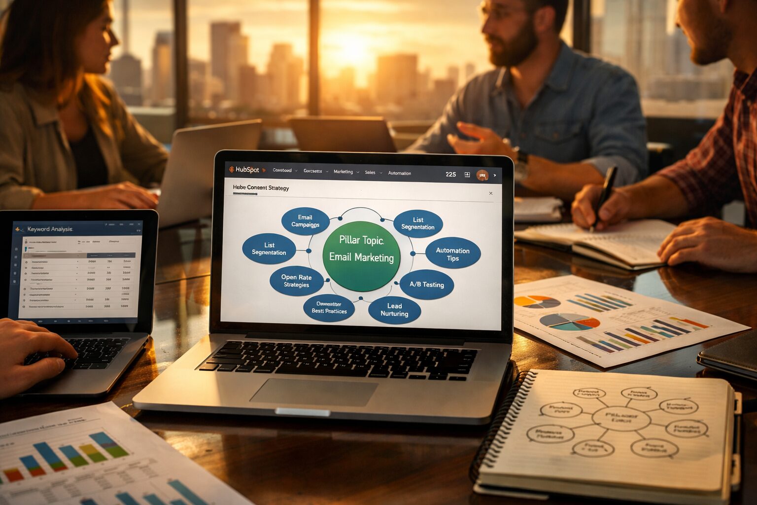 A crisp photograph of a modern marketing team around a glass-walled meeting room table. On the table are laptops displaying the HubSpot dashboard, a tablet with a keyword research tool, printed analytics charts and a notebook with a sketched topic-cluster map. Large windows behind the team show a city skyline at golden hour, casting warm light across the scene. The composition emphasises collaboration, data-driven planning and digital tools, with shallow depth of field focusing on the open laptop screen that shows a HubSpot content strategy diagram.