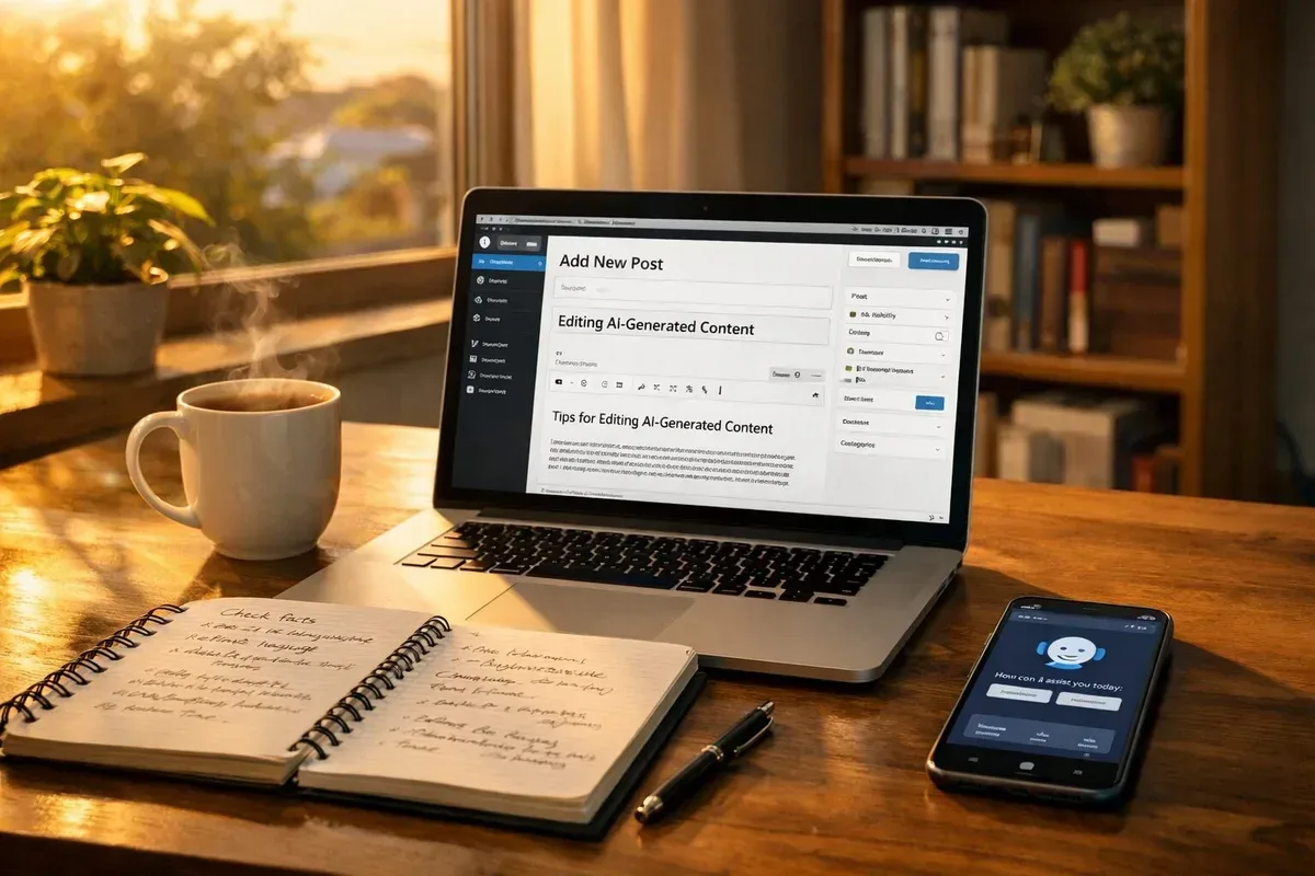 A high-resolution photograph of a modern home office at golden hour: a minimalist wooden desk by a large window, a laptop displaying the WordPress dashboard with a draft post open, a mug of tea steaming beside a notebook filled with handwritten editorial notes. Soft daylight illuminates a potted plant and a bookshelf in the background, while a smartphone on the desk shows an AI assistant interface. The scene conveys a blend of technology and human creativity, emphasising a calm, productive environment for editing AI-generated content.