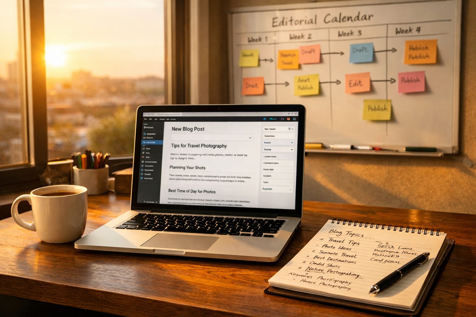 A high-resolution photograph of a modern workspace: a wooden desk by a large window at golden hour, with a sleek laptop open showing a partially completed blog post in a content management system. A coffee cup rests beside a notepad filled with hand-written notes and keyword ideas. In the background, a whiteboard displays an editorial calendar with sticky notes and arrows, while warm sunlight casts soft shadows across the scene, emphasising a blend of human creativity and digital tools.