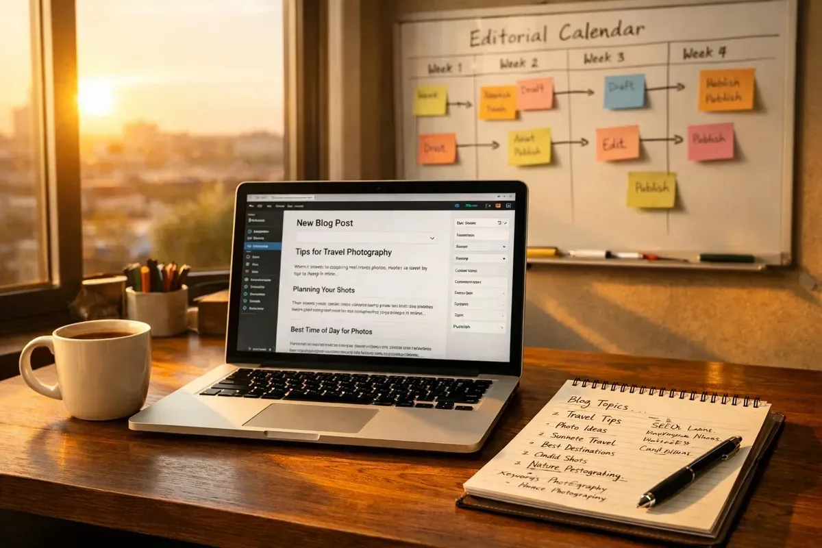 A high-resolution photograph of a modern workspace: a wooden desk by a large window at golden hour, with a sleek laptop open showing a partially completed blog post in a content management system. A coffee cup rests beside a notepad filled with hand-written notes and keyword ideas. In the background, a whiteboard displays an editorial calendar with sticky notes and arrows, while warm sunlight casts soft shadows across the scene, emphasising a blend of human creativity and digital tools.