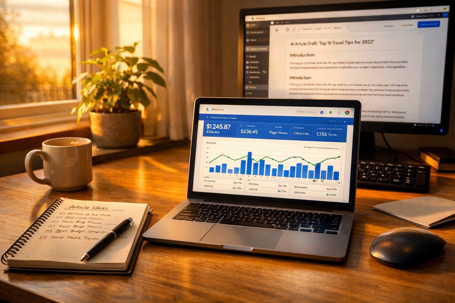 A high‑resolution photograph of a modern home office at golden hour: a neat desk with a slim laptop displaying a dashboard full of analytics and AdSense graphs, beside a notebook with scribbled article ideas and a pen. In the background, a secondary monitor shows a content management system with an AI article draft open. Natural light spills through a nearby window onto a potted plant and a mug of coffee, conveying focused productivity and the blend of technology and human creativity behind online monetisation.