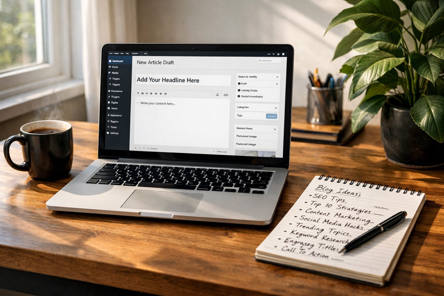 A crisp, high‑resolution photograph of a modern home office: a laptop open on a wooden desk displaying the WordPress dashboard with a draft post, a mug of coffee to the left, and a notepad filled with hand‑scrawled headlines and keywords. Sunlight streams through a nearby window, casting soft shadows on a houseplant. The scene conveys a blend of technology and human editorial craft, emphasising speed, workflow and thoughtful content creation.