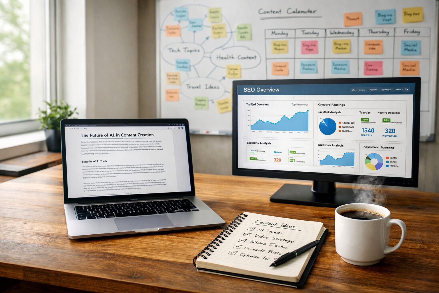 A high-resolution photograph showing a modern content studio: a wooden desk with a sleek laptop displaying a drafted article, a second monitor showing an SEO dashboard, and a notebook with handwritten editorial notes. A cup of coffee steams at the side while soft daylight from a large window illuminates a whiteboard in the background covered with topic clusters and content calendars. The scene conveys collaborative, technology-enabled writing—human creativity supported by AI tools.