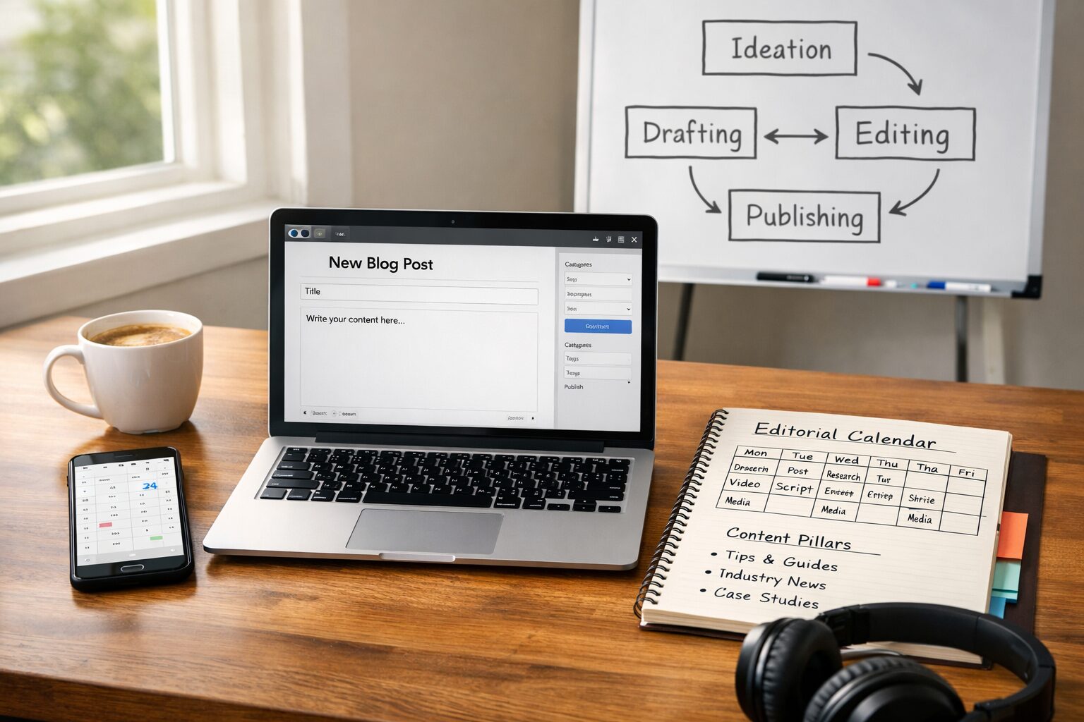 A crisp photograph of a modern content studio: a wooden desk with a slim laptop open to a blog editor, a smartphone showing a calendar app, and a notepad filled with a neat editorial calendar and content pillar notes. Natural light streams in from a nearby window, casting soft shadows across a cup of coffee and a pair of headphones. In the background, a whiteboard shows a simple workflow diagram with arrows linking ideation, drafting, editing and publishing—conveying an organised, efficient creative process.