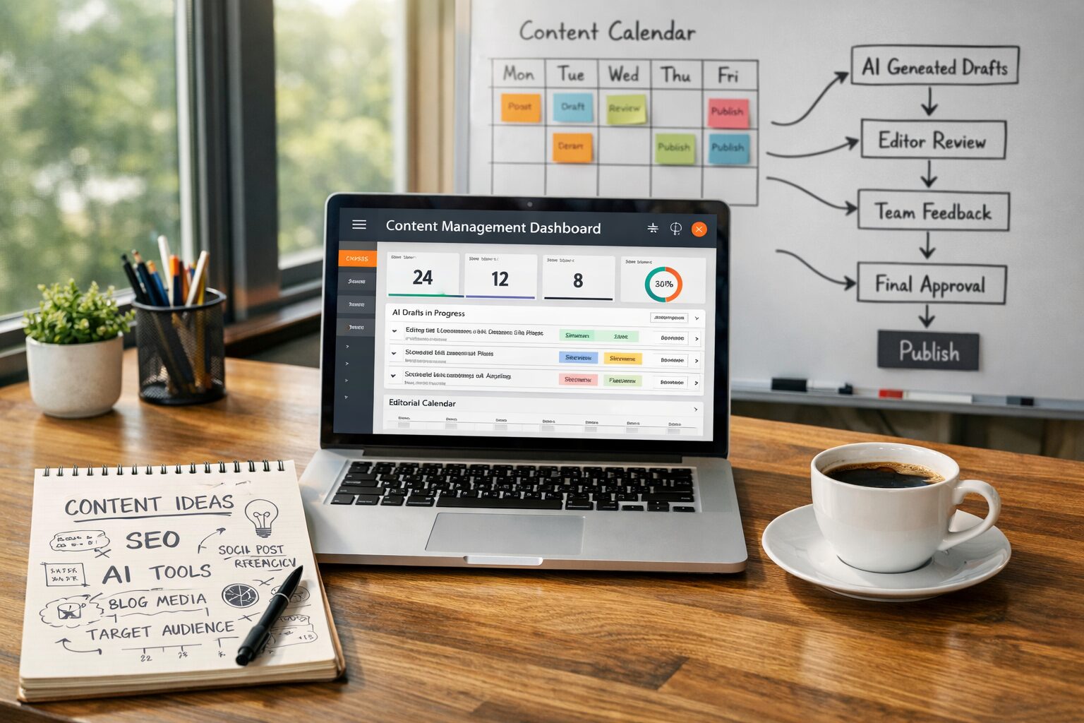 A sharp, high-resolution photograph of a modern workspace: a wooden desk by a large window with soft daylight, an open laptop displaying a content management dashboard, a notepad with brainstorming keywords and sketches, and a cup of coffee. In the background, a whiteboard shows a content calendar and flowcharts linking AI-generated drafts to editorial review stages. The scene conveys collaborative, tech-enabled content production that blends human creativity with AI automation.