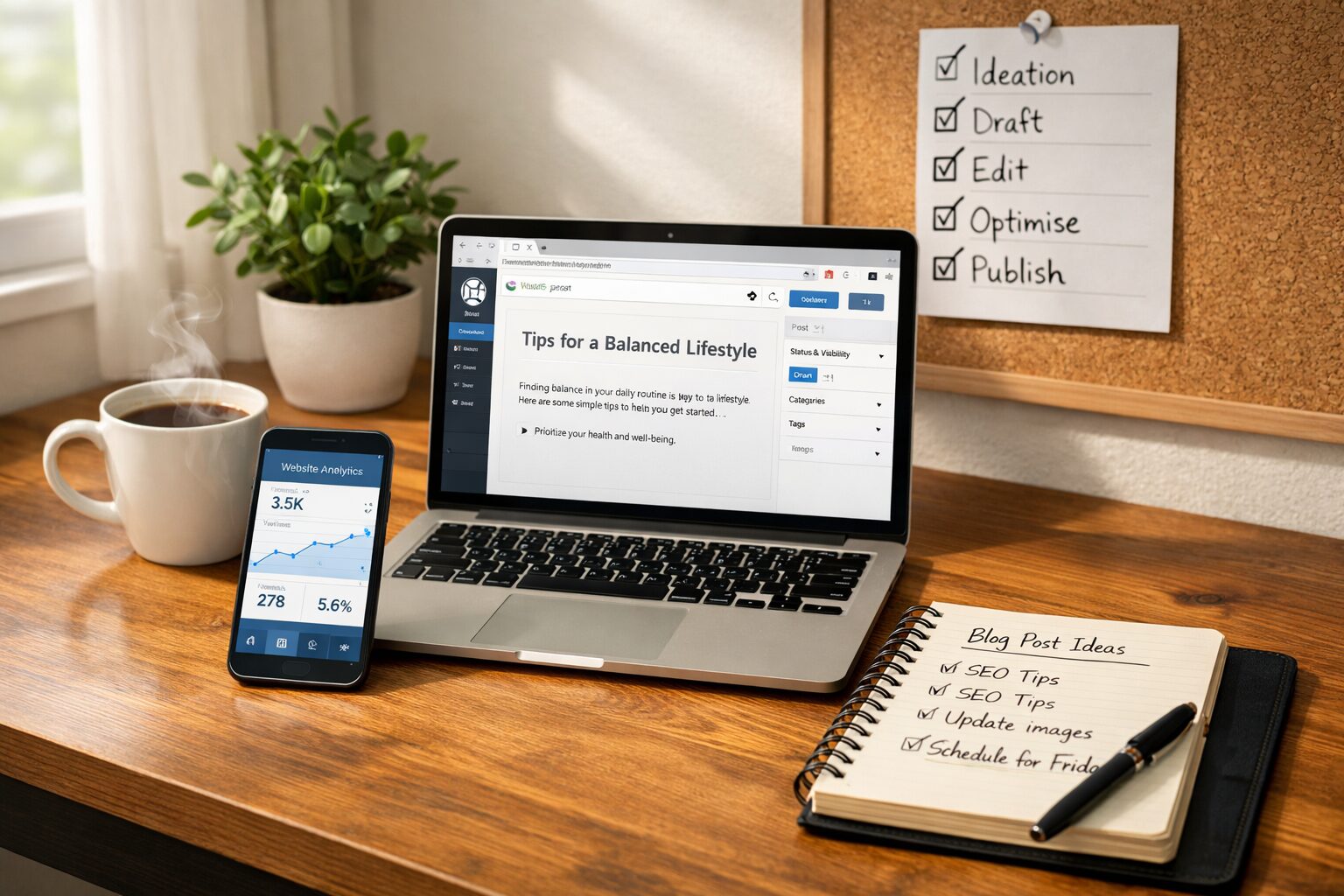 A crisp, professional photograph of a modern home office: a slim laptop displaying a WordPress editor with a partially completed blog post, a smartphone showing analytic charts, and a notebook with handwritten editorial notes. Natural daylight spills across a wooden desk, highlighting a coffee cup releasing a faint wisp of steam. In the background, a small potted plant adds a touch of green and a printed checklist pinned to a corkboard lists stages: Ideation, Draft, Edit, Optimise, Publish—conveying the blend of human oversight and automated tools involved in contemporary blogging.
