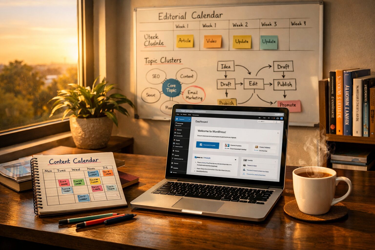 A high-resolution photograph showing a modern home-office desk beside a large window at golden hour. On the desk sits a sleek laptop open to a WordPress dashboard, a notepad with a content calendar sketched in coloured pens, and a cup of tea steaming gently. In the background, a whiteboard on the wall displays an editorial calendar, topic clusters and flowcharts. Natural light casts warm highlights across the workspace, while a potted plant and a bookshelf with marketing and design books frame the scene, evoking a calm, organised space where scalable content strategy meets everyday creativity.
