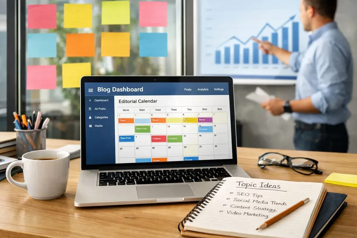 A high‑resolution photograph of a bright, modern office workspace: a laptop displaying a blog dashboard with a visible editorial calendar, colourful sticky notes on a glass wall behind it, a cup of coffee half full, an open notebook with pencilled topic ideas, and a colleague in the background pointing at a projected analytics chart showing upward trends. The lighting is natural, emphasising a productive, collaborative atmosphere and the sense of continuous content planning and optimisation.