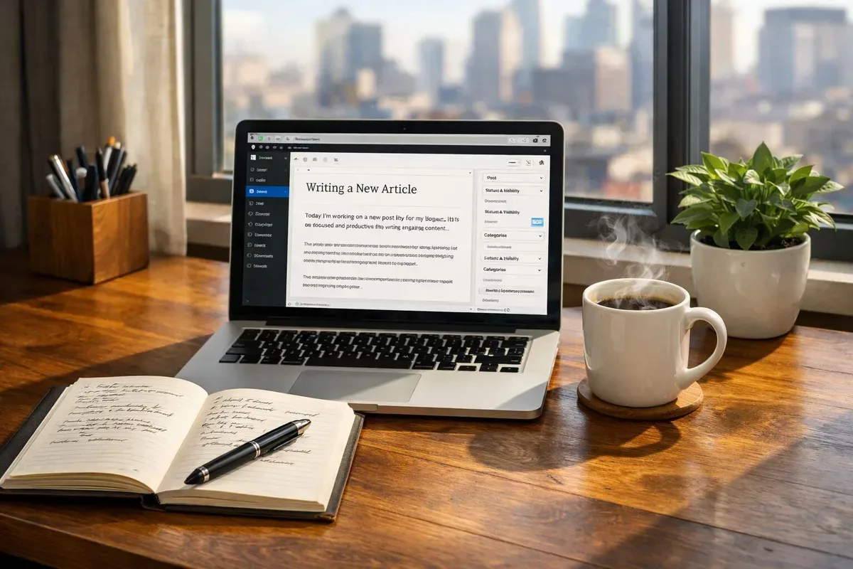 A crisp, high-resolution photograph of a modern home office centred on a wooden desk by a sunlit window. On the desk sits an open laptop displaying a WordPress blog editor with a partially written article; a notebook with handwritten notes and a fountain pen lies beside it. A steaming cup of coffee emits faint curls of vapour, and a small potted plant adds a touch of green. Through the window, a blurred urban skyline suggests a creative professional environment. The overall composition emphasises focus, productivity and the craft of online content creation.