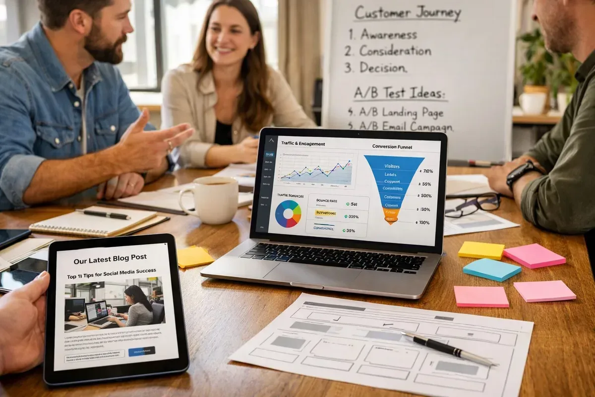 A high‑resolution photograph of a modern, sunlit office where a marketing team meets around a table. On the table a laptop screen displays a website analytics dashboard with graphs and conversion funnels; sticky notes and a printed wireframe lie nearby. In the foreground a tablet shows a freshly published blog post, while a whiteboard in the background lists customer journey stages and A/B test ideas. The scene conveys collaboration, data‑driven decision making and a content production workflow aimed at converting visitors into customers.