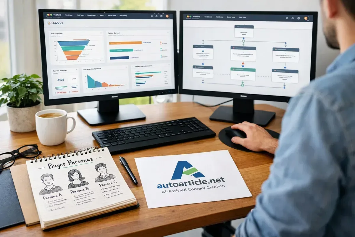 A bright, modern workspace scene showing a marketer at a standing desk, two large monitors displaying HubSpot dashboards with charts and workflows, a neatly organised notepad with personas sketched, and a smartphone showing a preview of a blog post. Natural light streams through a window, illuminating a coffee cup and a small plant; on the desk sits a printed sheet with the autoarticle.net logo, signalling AI-assisted content creation integrated into the marketer's workflow.