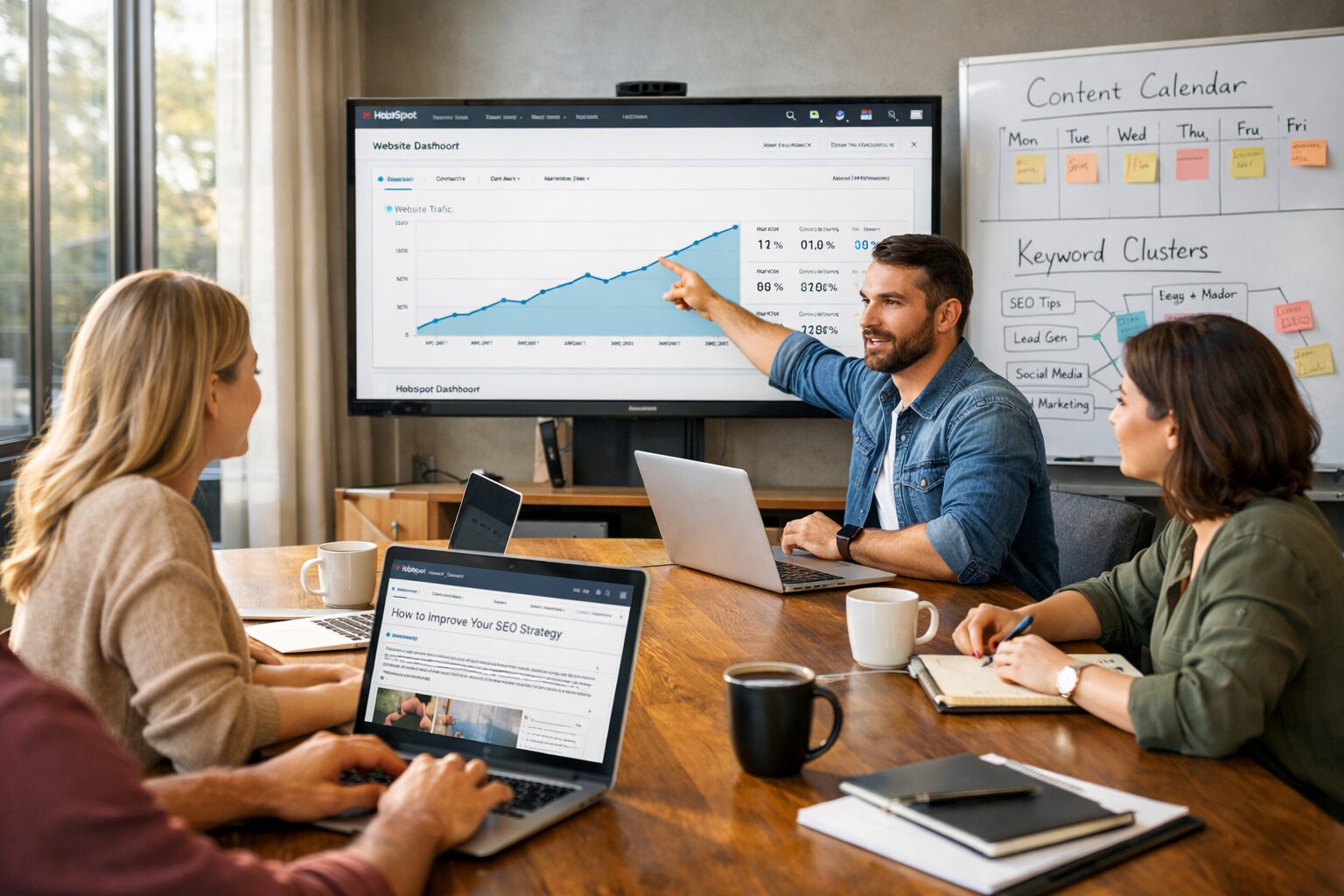A crisp, professional photograph of a modern marketing team around a large wooden table, laptops open and HubSpot's dashboard displayed on a large monitor. Sunlight filters through floor-to-ceiling windows, casting soft highlights on notebooks, coffee cups and a whiteboard filled with a content calendar and keyword clusters. One team member points to a chart showing rising traffic, while another types on a laptop with the HubSpot blog editor visible; the scene conveys collaboration, data-driven planning and the momentum of a well-executed content strategy.