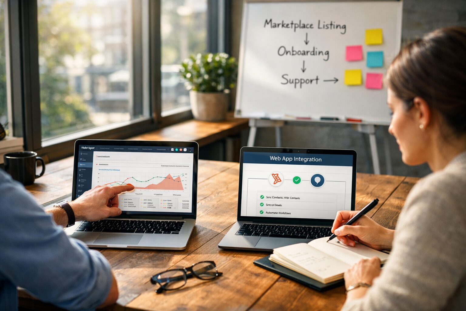 A high-resolution photograph of a modern co-working space: a long wooden table near a large window with morning light pouring in, laptops open displaying the HubSpot dashboard and a web app integration screen. Two professionals—one in smart casual attire pointing at a line on the laptop and the other taking notes—discuss onboarding flows. In the background, a whiteboard shows a simple flowchart labelled 'Marketplace Listing', 'Onboarding', and 'Support', with sticky notes in bright colours. The scene conveys collaboration, product development and go-to-market planning for a HubSpot integration.