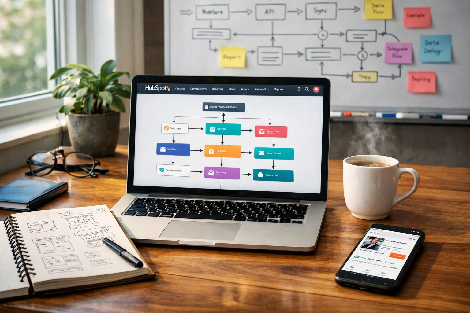 A high-resolution photograph of a modern workspace: a large wooden desk near a window with soft daylight, an open laptop displaying the HubSpot dashboard with colourful workflow diagrams visible, a notebook with handwritten app design sketches, a coffee cup steaming gently, and a smartphone showing a marketplace listing. In the background a whiteboard has flowcharts and sticky notes mapping integration patterns, while a potted plant and a pair of glasses add a human touch. The composition emphasises collaboration, product design and the practical tools used to build and launch HubSpot apps.