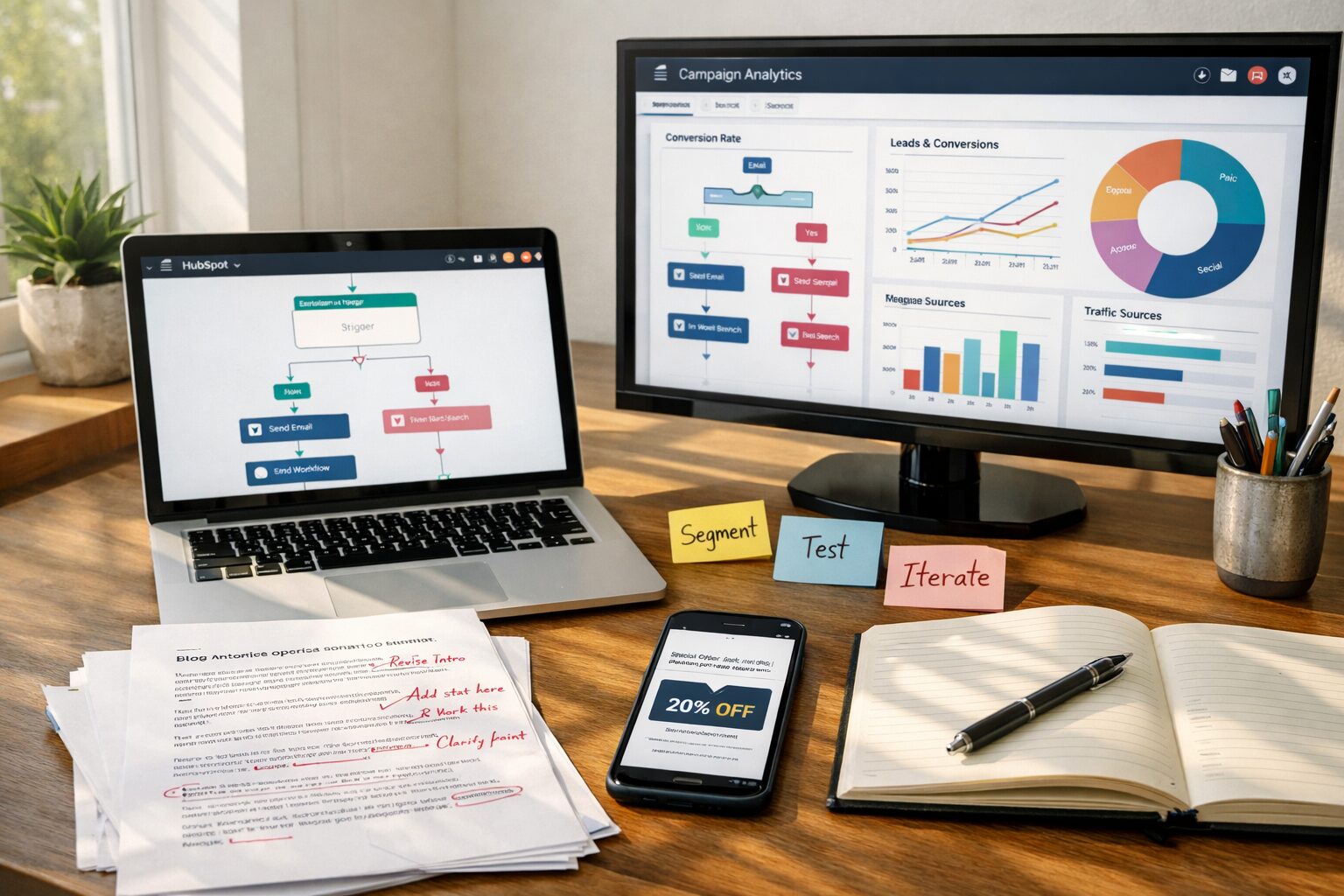 A crisp, high-resolution photograph of a modern marketing operations desk: a laptop displaying the HubSpot workflow editor with coloured nodes and conditional branches, a second monitor showing campaign analytics and conversion graphs, and a neatly arranged notebook with a pen. In the foreground, a printed draft of a blog article with editorial annotations sits beside a smartphone receiving a test marketing email. Natural daylight streams through a nearby window, casting soft shadows and highlighting post-it notes that read 'Segment', 'Test', and 'Iterate'. The scene conveys efficiency, creativity and the intersection of automation and human oversight.