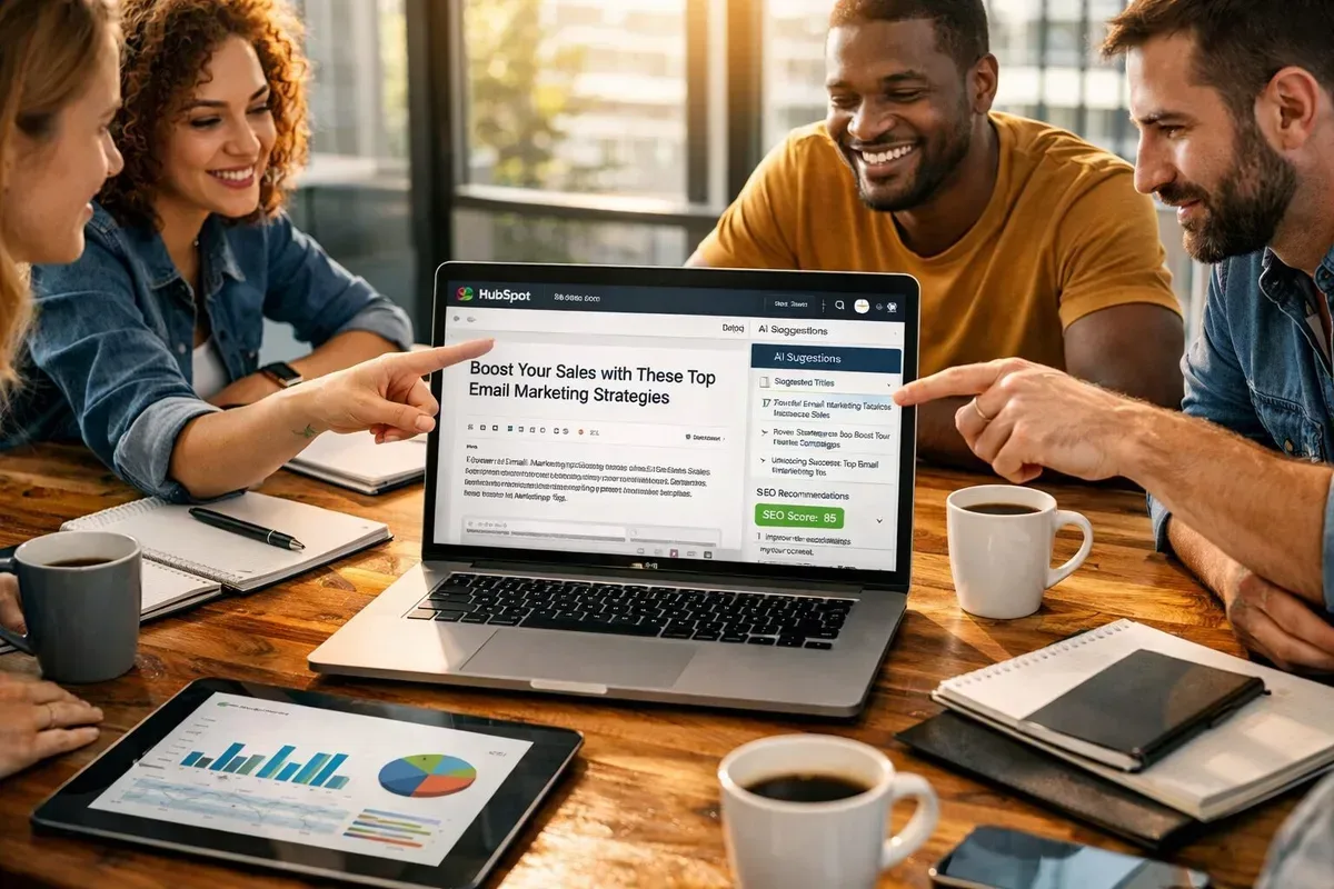 A high-resolution photograph of a modern marketing team around a large wooden table in a bright office. A laptop displays the HubSpot blog editor screen with an A.I. sidebar showing suggested headlines and SEO scores. Notebooks, coffee cups and a tablet with analytics charts are scattered on the table. Sunlight streams through floor-to-ceiling windows, creating a warm, productive atmosphere; team members of diverse backgrounds point at the screen and discuss, conveying collaboration between humans and A.I. tools.