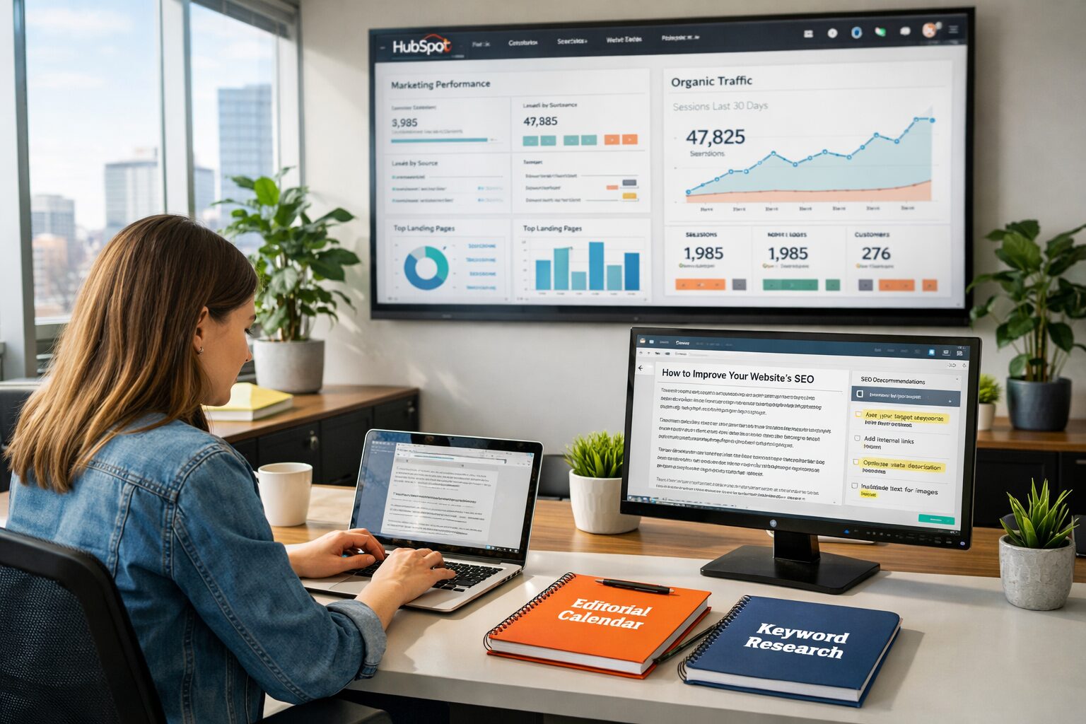 A high‑resolution photograph of a modern marketing operations room: a bright open office with a large wall‑mounted screen displaying HubSpot dashboards and organic traffic graphs. In the foreground, a content marketer sits at a sleek desk typing on a laptop, surrounded by notebooks labelled 'Editorial Calendar' and 'Keyword Research'. A second monitor shows a draft blog post editor with SEO recommendations highlighted. Natural daylight filters through floor‑to‑ceiling windows, and potted plants add a touch of green, suggesting a productive, organised workspace where technical SEO, content strategy and analytics converge.
