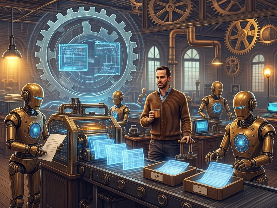 Illustration of brass robots feeding bank statements into a machine that outputs sorted spreadsheets