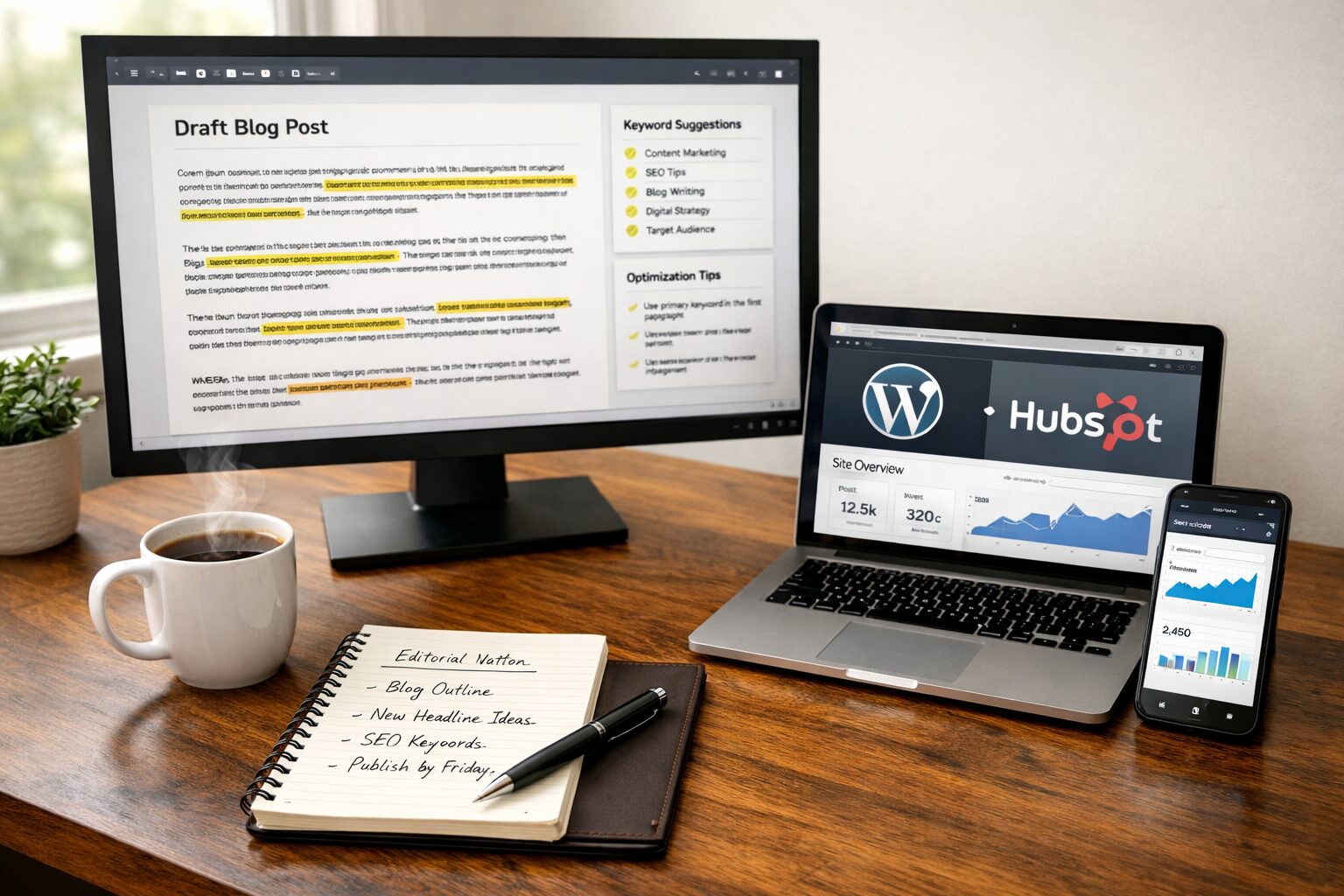 A crisp, professional photograph of a modern workspace: a large monitor displays a draft blog post with highlighted sections and keyword suggestions; a laptop sits nearby showing a CMS dashboard with the WordPress and HubSpot logos; a smartphone displays an analytics screen. On the desk are a notebook with handwritten editorial notes, a pen, and a steaming cup of coffee. Natural light from a nearby window illuminates the scene, casting soft shadows and conveying a sense of focused productivity and seamless human–AI collaboration.