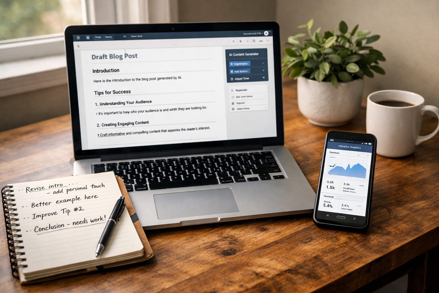 A high‑resolution photograph of a modern workspace: a laptop open to a draft blog post in a CMS, the screen showing headings and paragraphs generated by an AI tool. Beside it, a notebook with hand‑written editorial notes and a pen, signalling human revision. A smartphone displays analytics graphs, while a small plant and a mug add warmth. Soft natural light from a nearby window illuminates the scene, emphasising the blend of technology and human creativity in contemporary content production.
